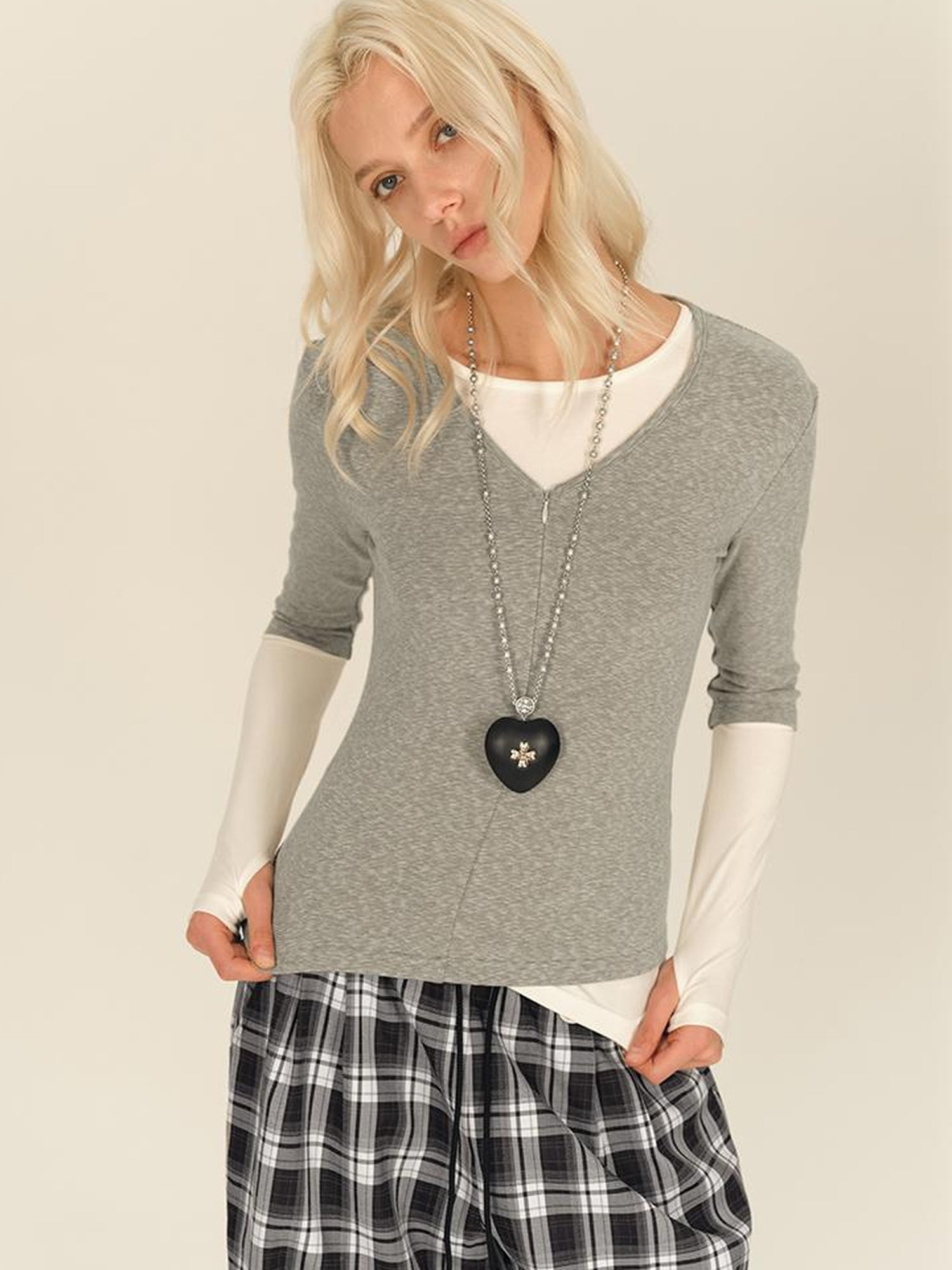 AFTADAWN Two Piece Layered V-neck Zip Front Tee
