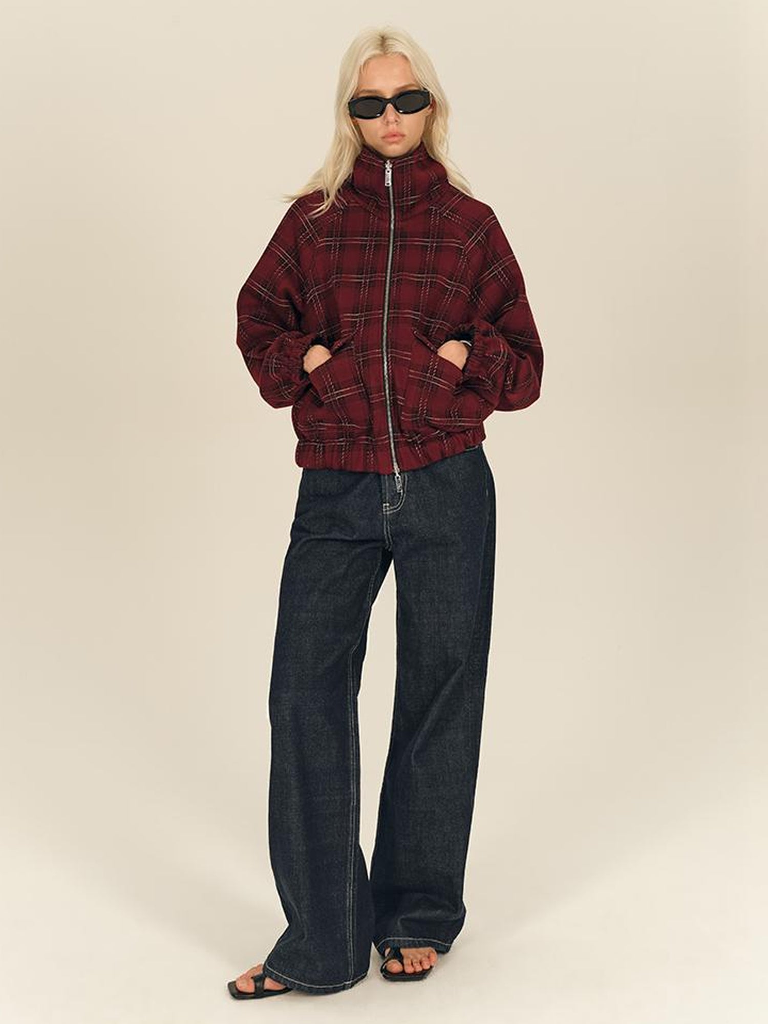 AFTADAWN Two Sided Red Plaid Oversized Reversible Jacket