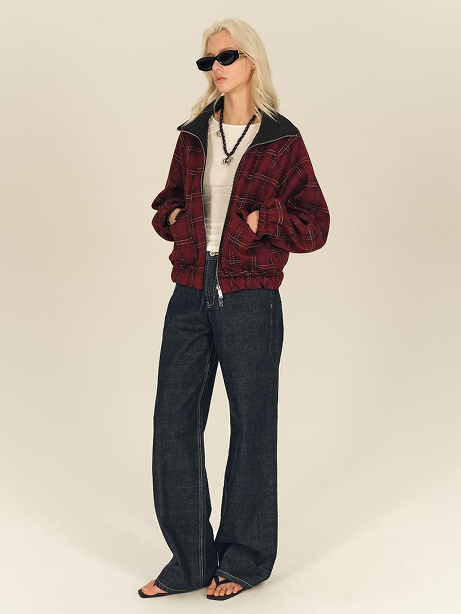 AFTADAWN Two Sided Red Plaid Oversized Reversible Jacket