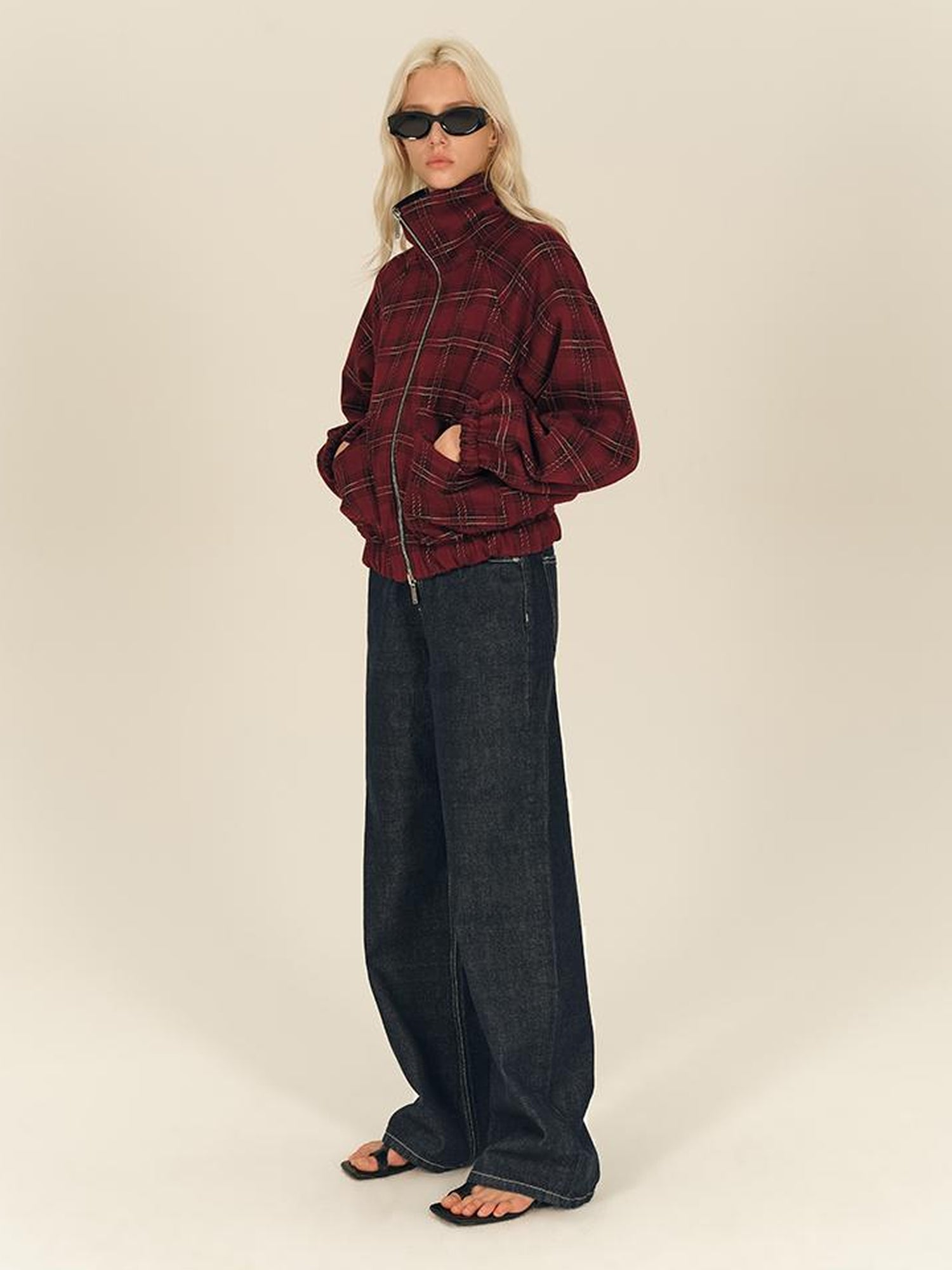 AFTADAWN Two Sided Red Plaid Oversized Reversible Jacket