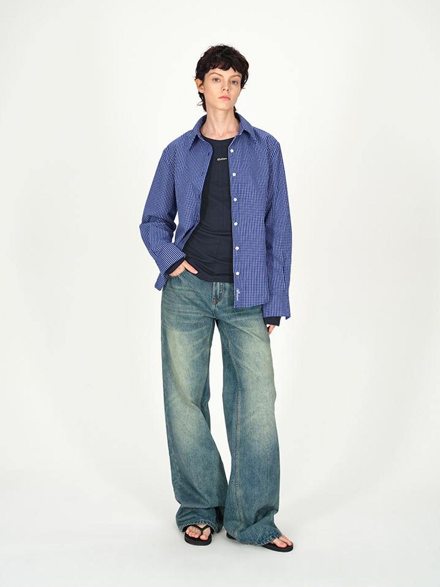 AFTADAWN Two Tone Check Oversized Cotton Shirt