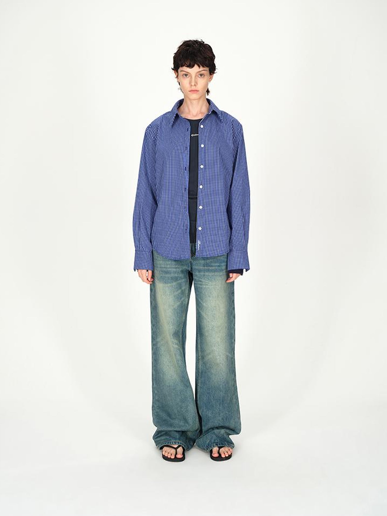 AFTADAWN Two Tone Check Oversized Cotton Shirt
