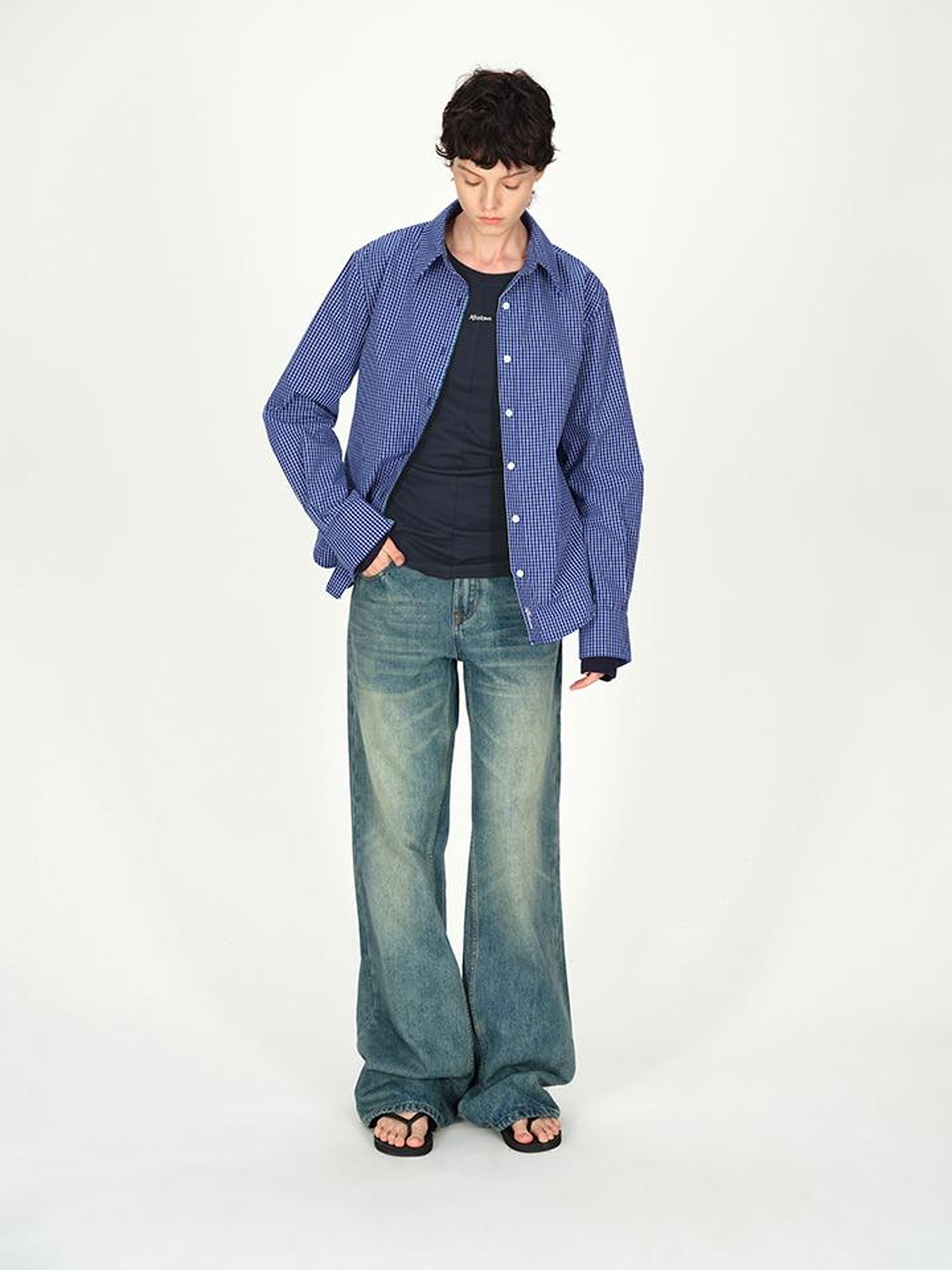 AFTADAWN Two Tone Check Oversized Cotton Shirt