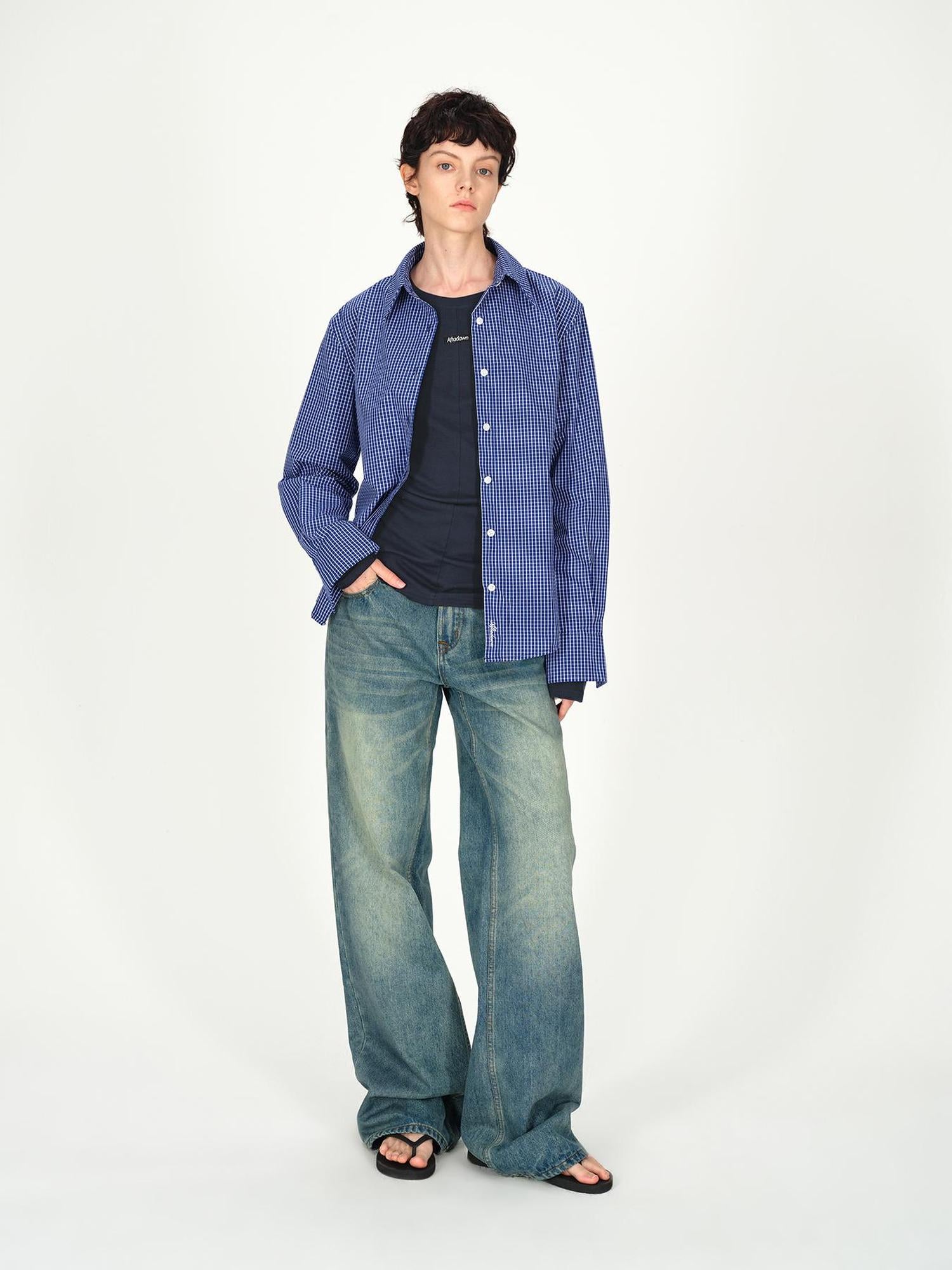 AFTADAWN Two Tone Check Oversized Cotton Shirt