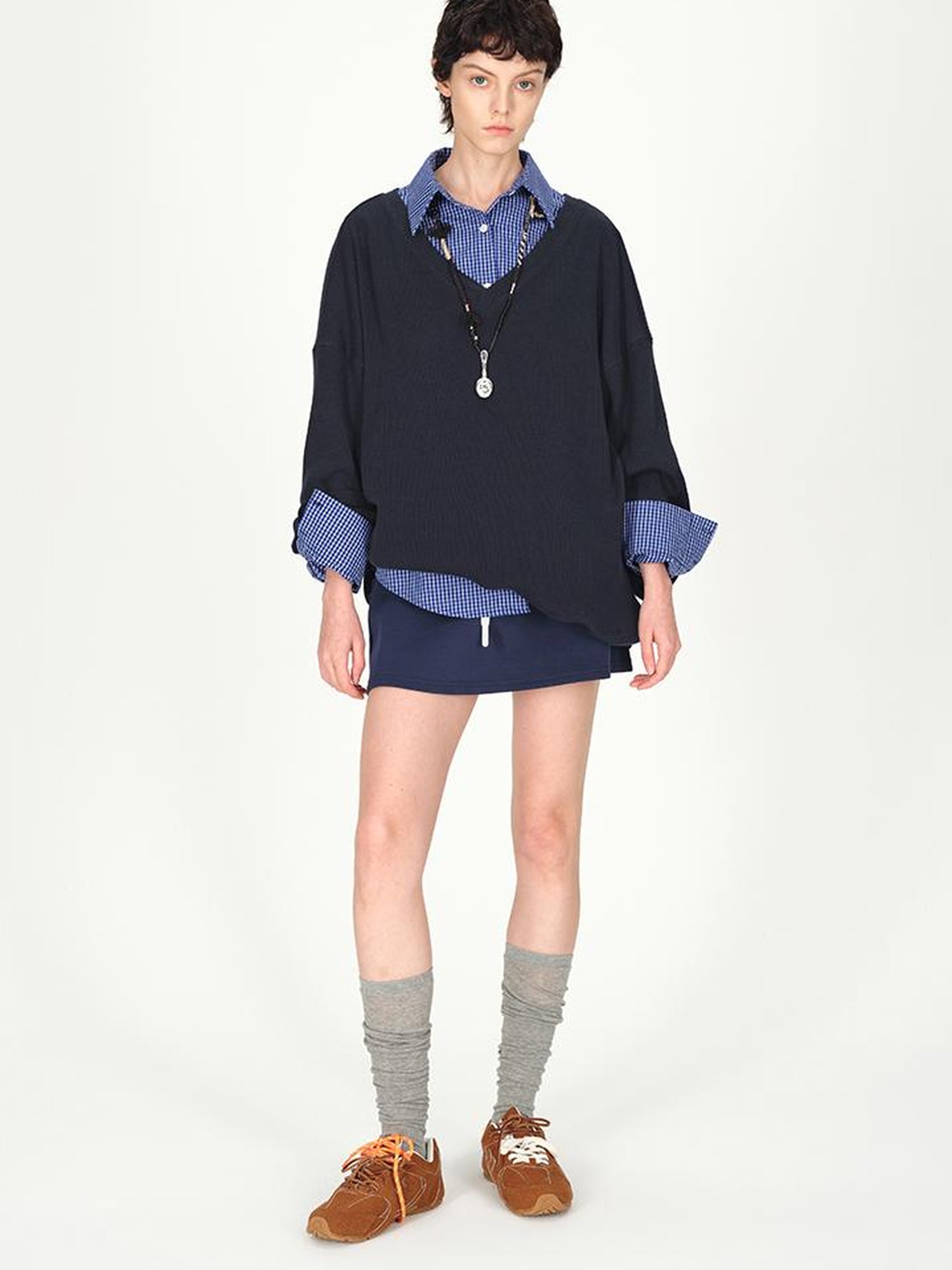 AFTADAWN Two Tone Check Oversized Cotton Shirt