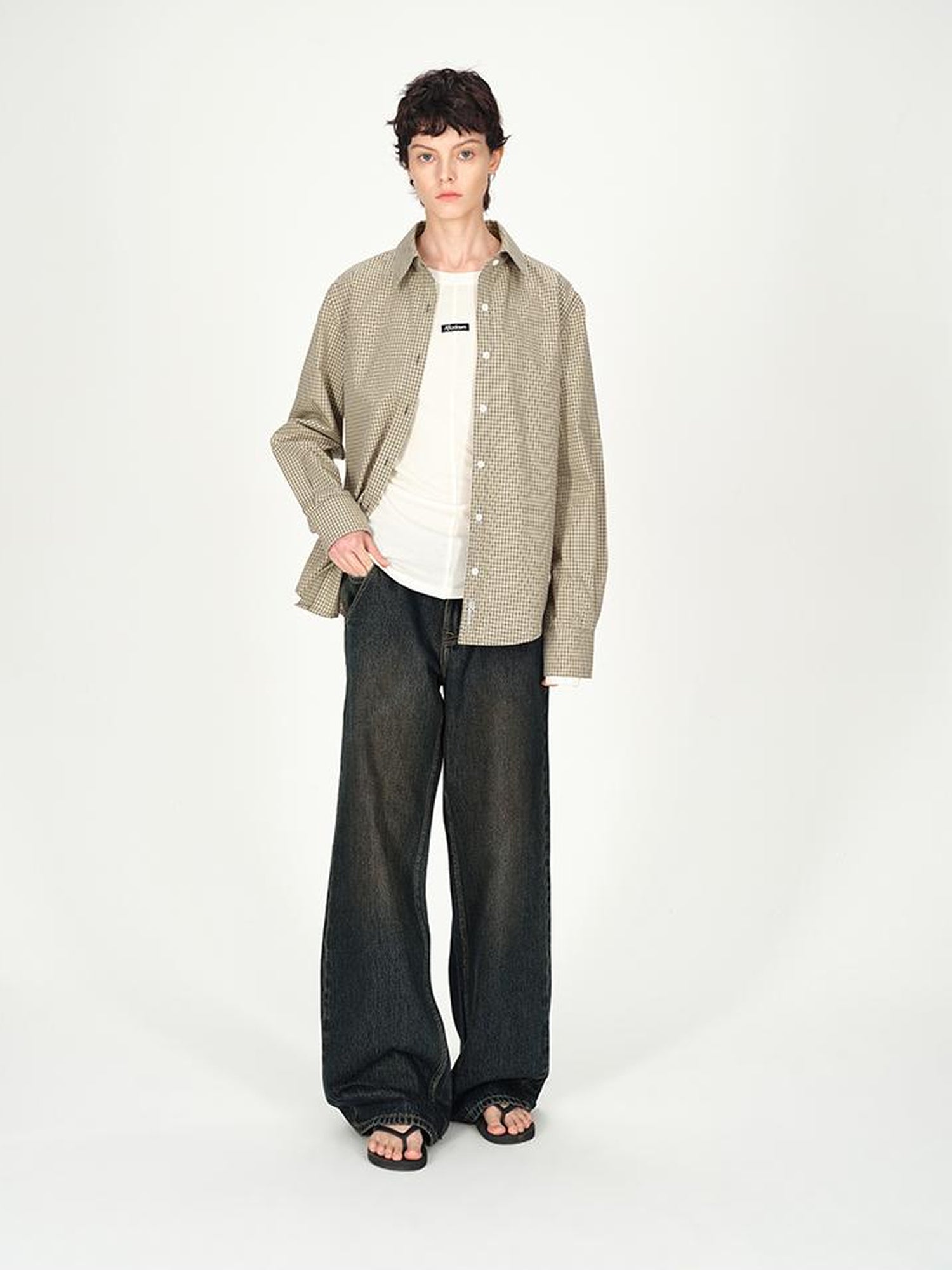 AFTADAWN Two Tone Check Oversized Cotton Shirt