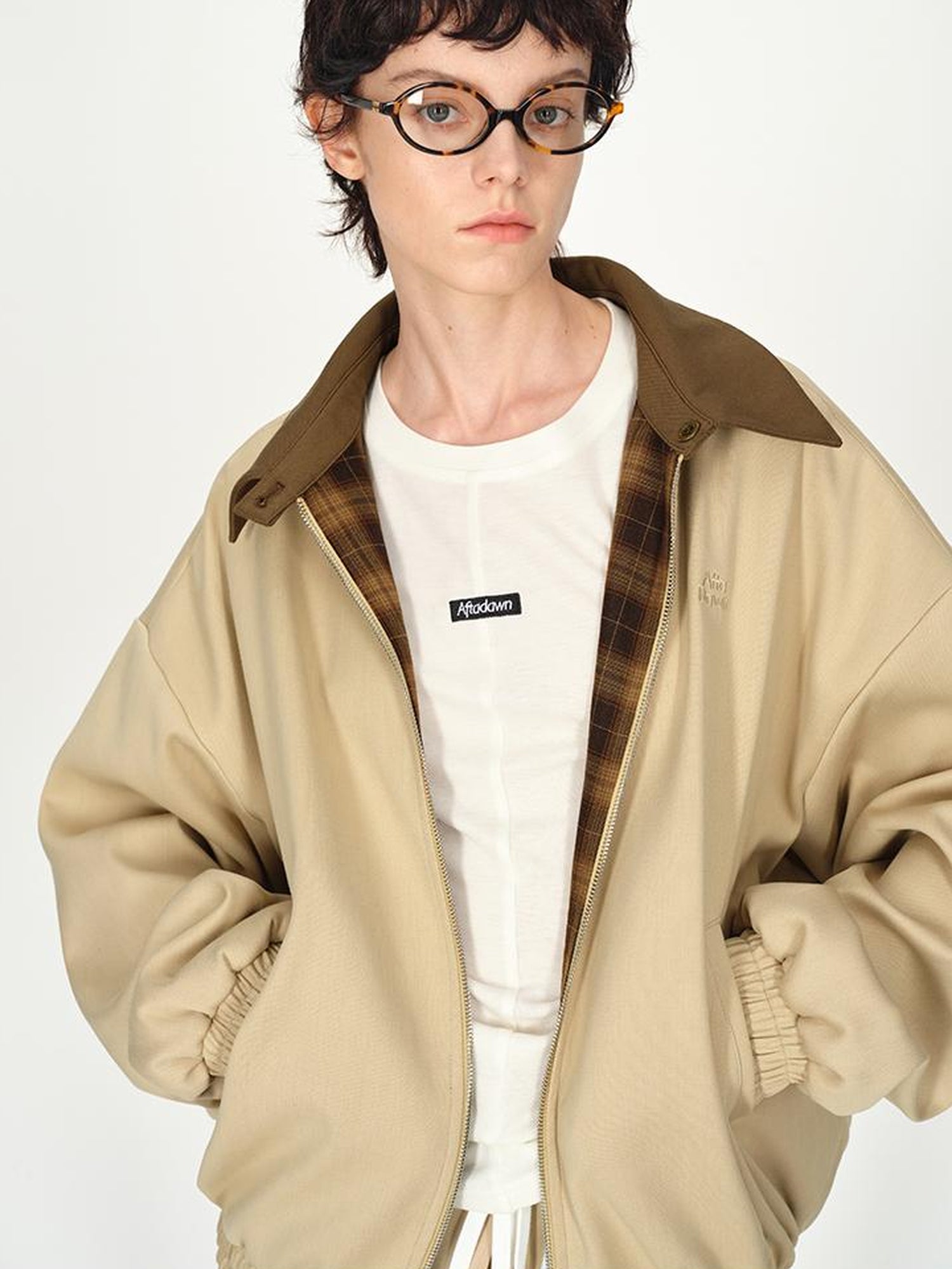 AFTADAWN Two Tone Leather Collar Reversible Plaid Jacket