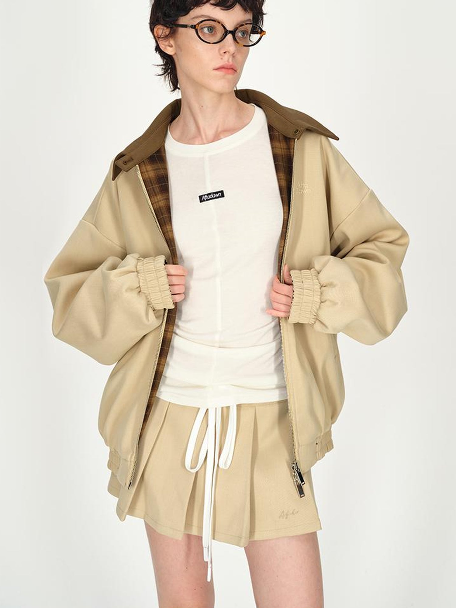 AFTADAWN Two Tone Leather Collar Reversible Plaid Jacket