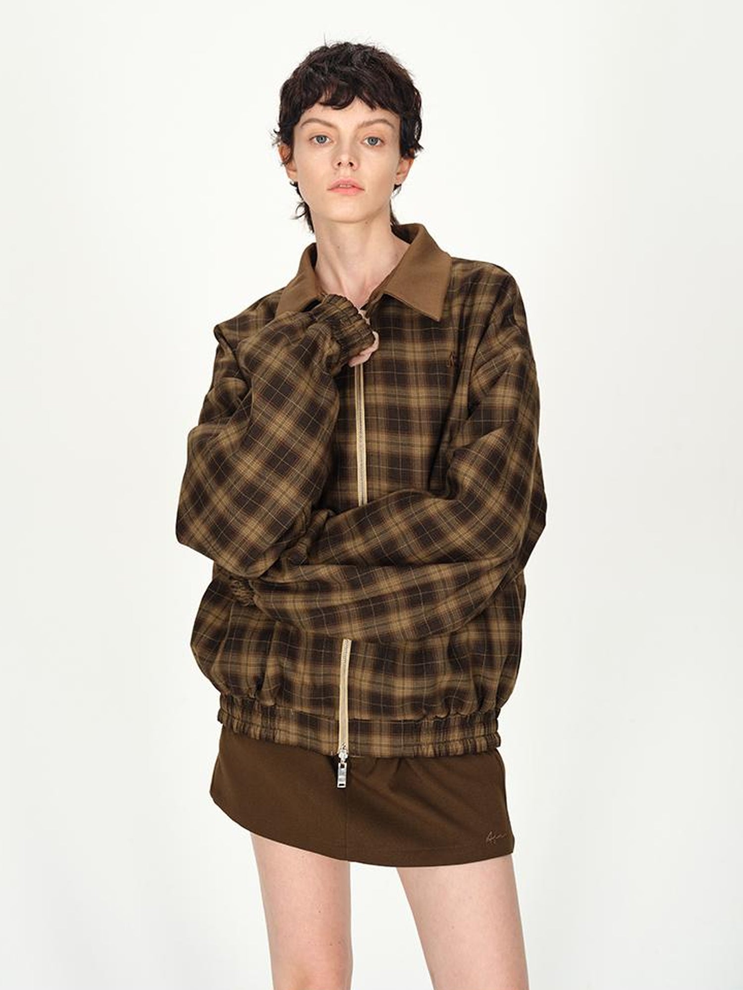 AFTADAWN Two Tone Leather Collar Reversible Plaid Jacket