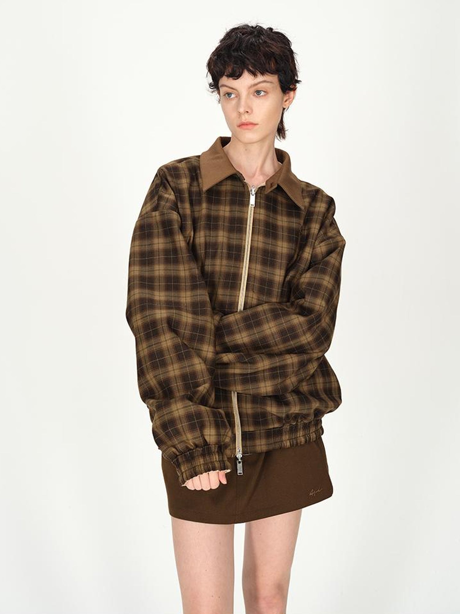 AFTADAWN Two Tone Leather Collar Reversible Plaid Jacket