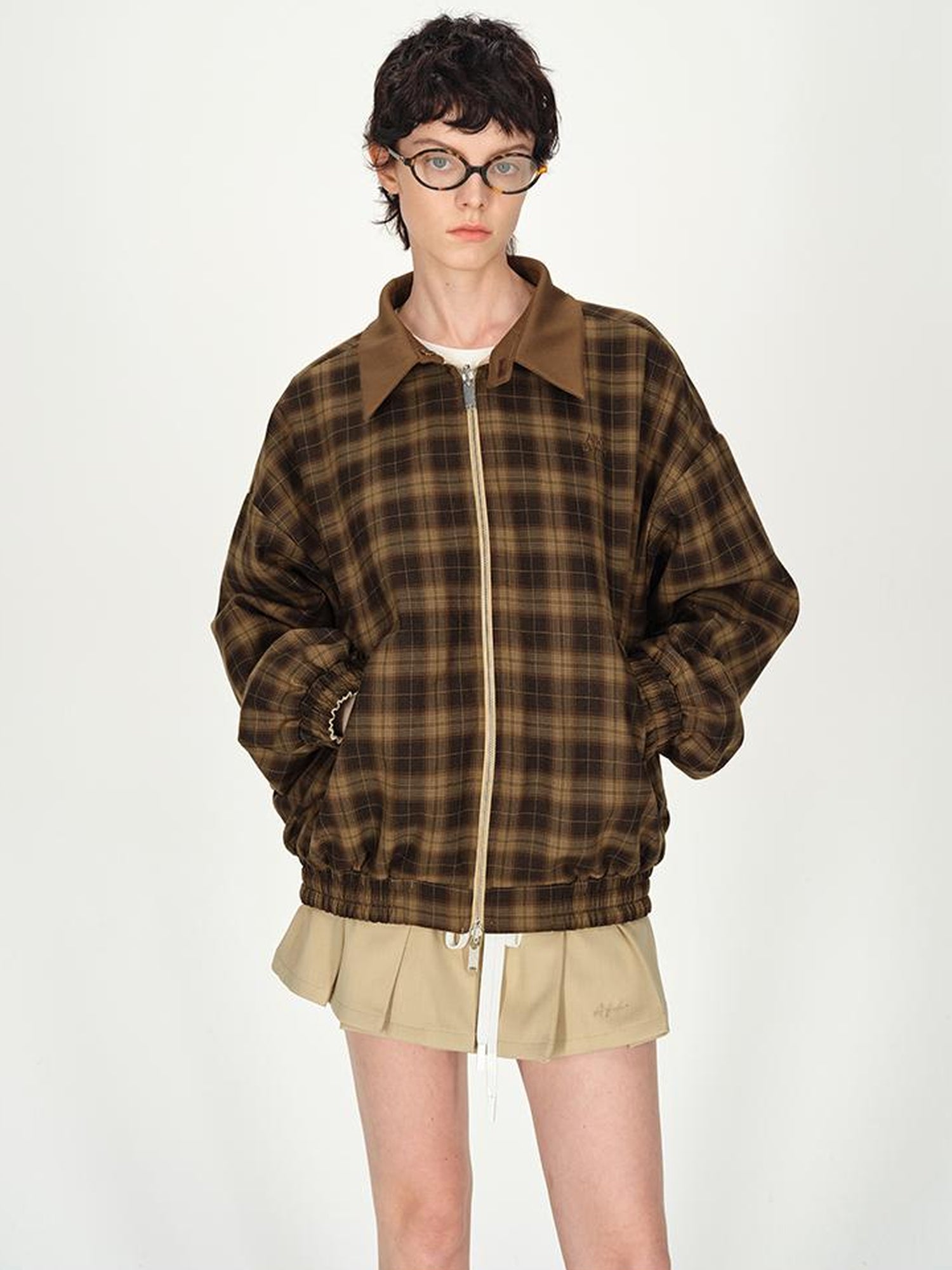 AFTADAWN Two Tone Leather Collar Reversible Plaid Jacket