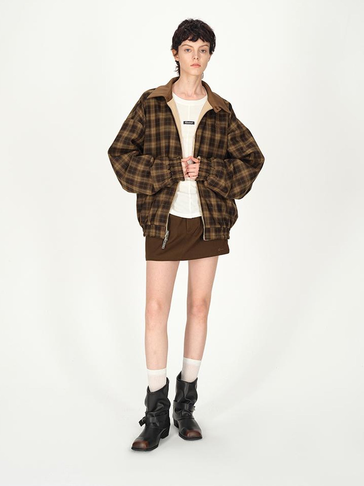 AFTADAWN Two Tone Leather Collar Reversible Plaid Jacket