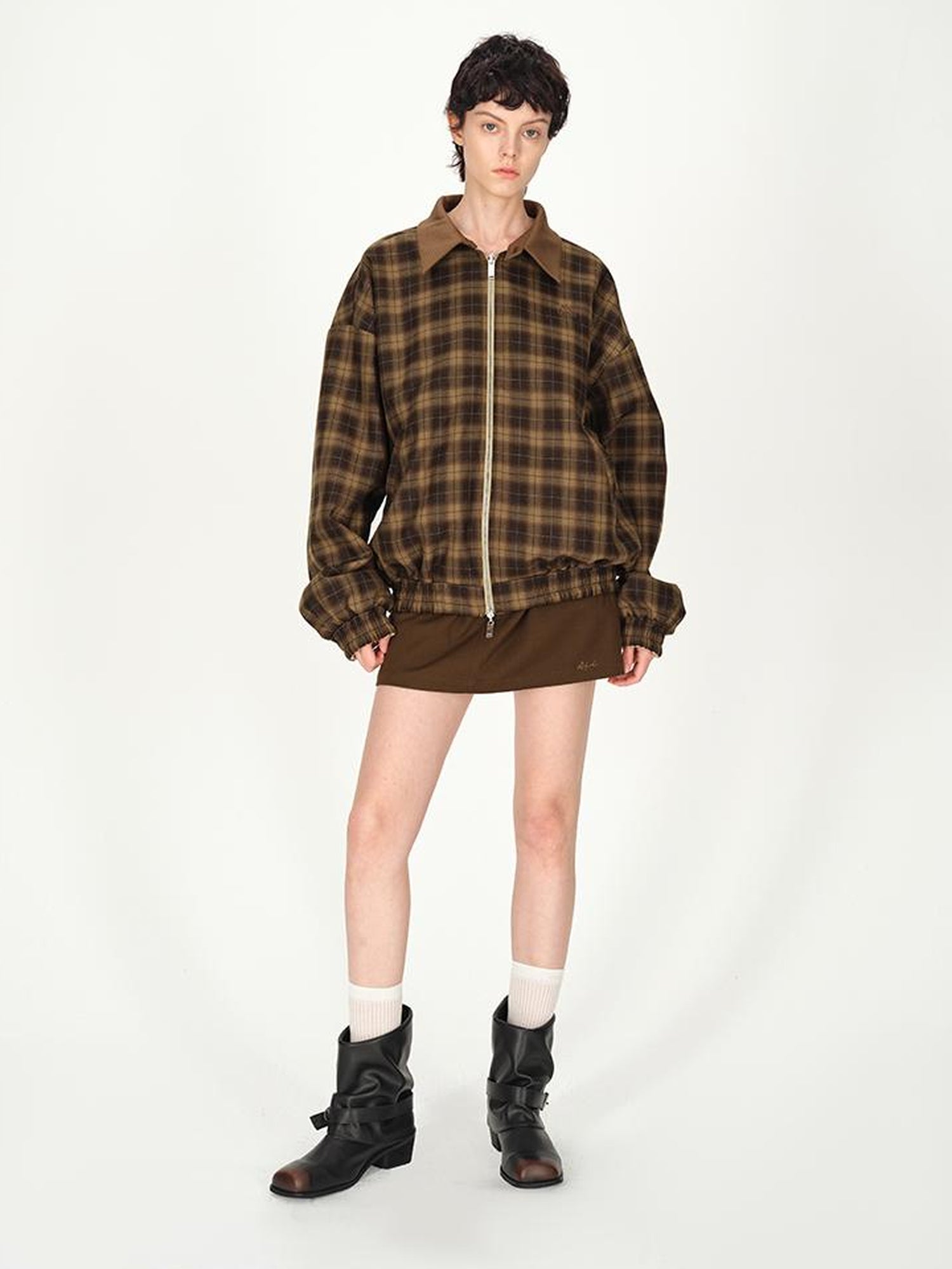 AFTADAWN Two Tone Leather Collar Reversible Plaid Jacket