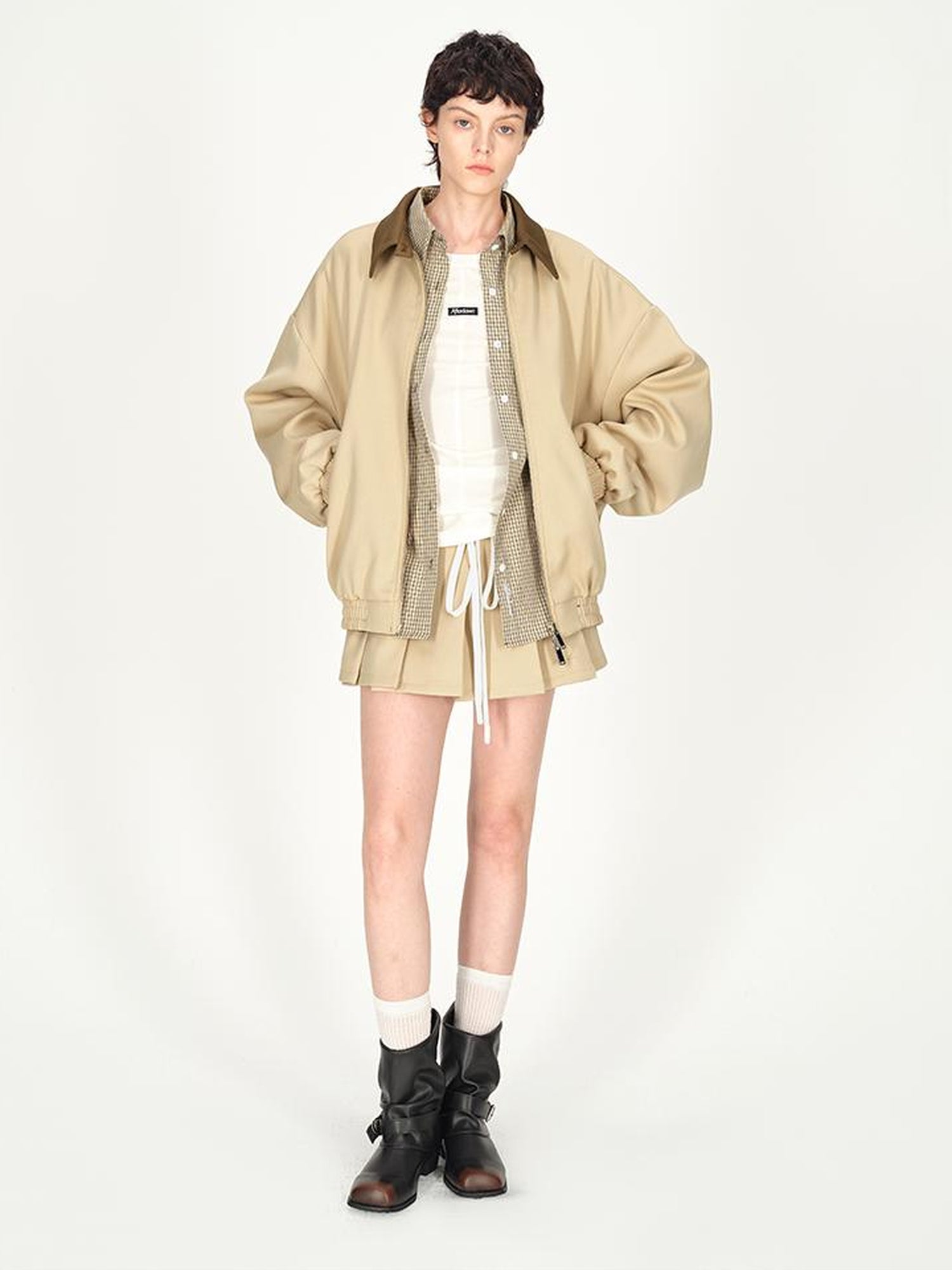 AFTADAWN Two Tone Leather Collar Reversible Plaid Jacket