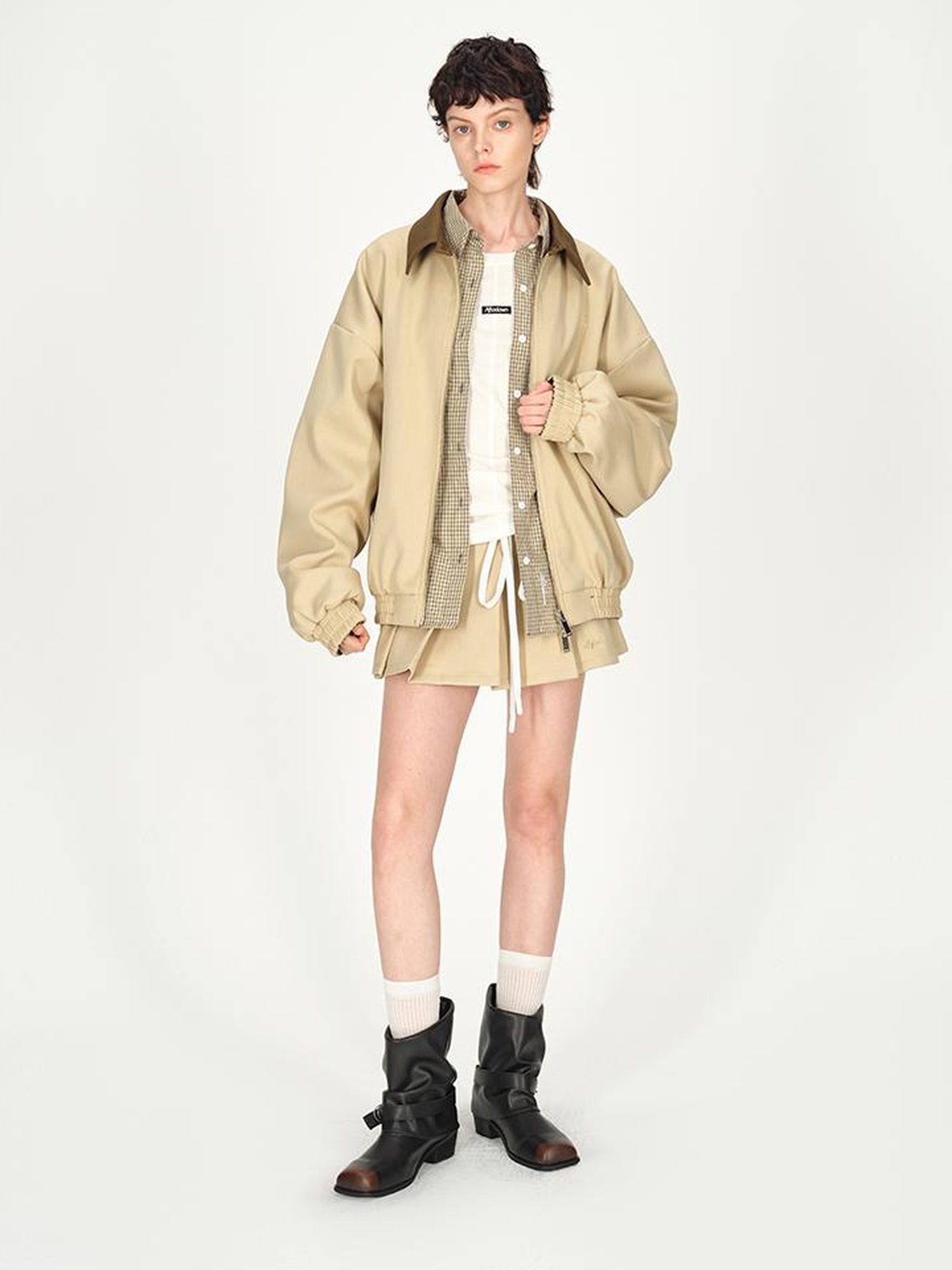 AFTADAWN Two Tone Leather Collar Reversible Plaid Jacket