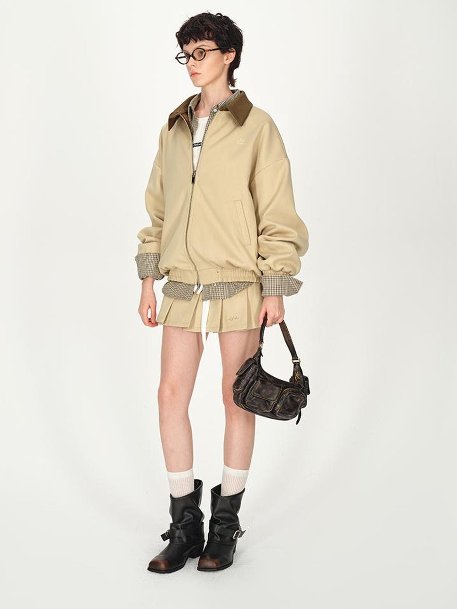 AFTADAWN Two Tone Leather Collar Reversible Plaid Jacket