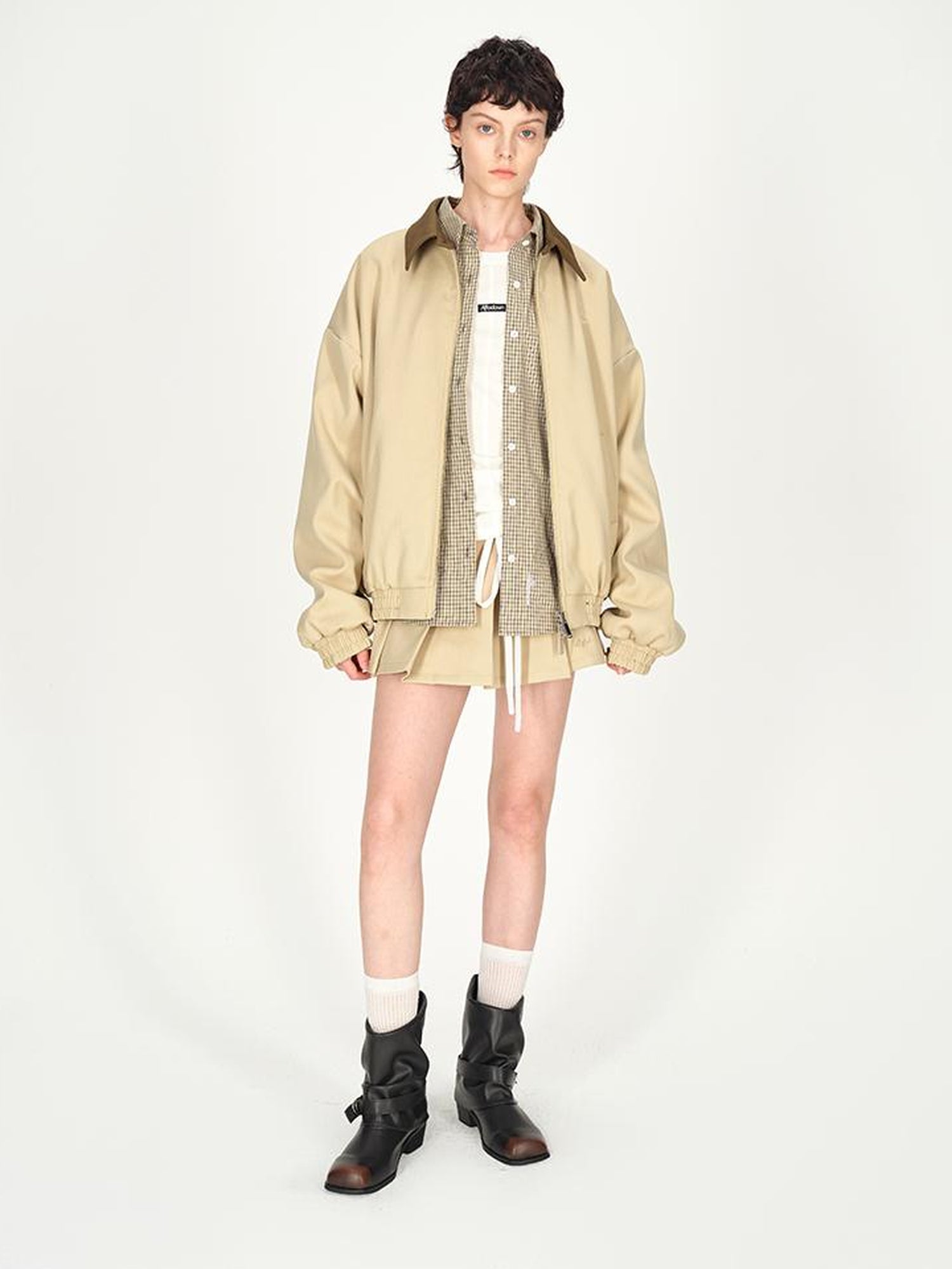 AFTADAWN Two Tone Leather Collar Reversible Plaid Jacket