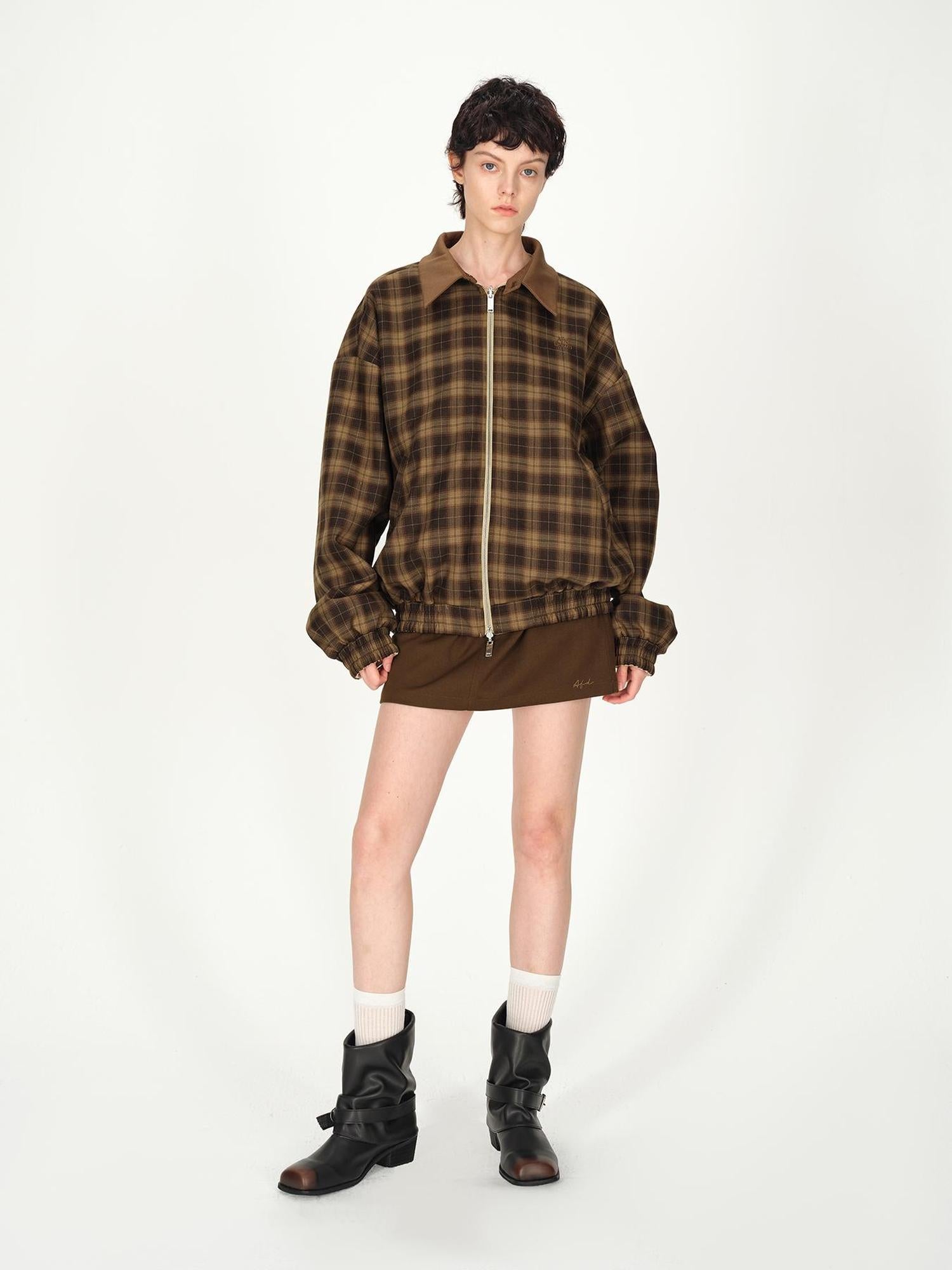 AFTADAWN Two Tone Leather Collar Reversible Plaid Jacket