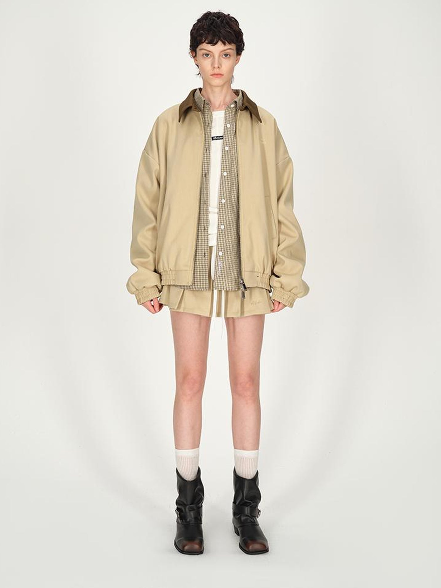 AFTADAWN Two Tone Leather Collar Reversible Plaid Jacket