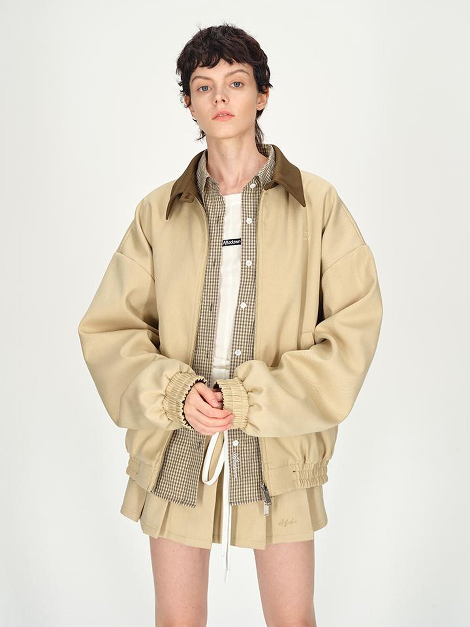 AFTADAWN Two Tone Leather Collar Reversible Plaid Jacket