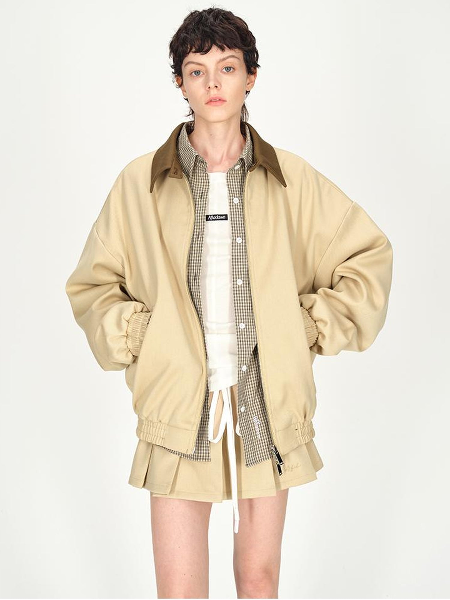 AFTADAWN Two Tone Leather Collar Reversible Plaid Jacket