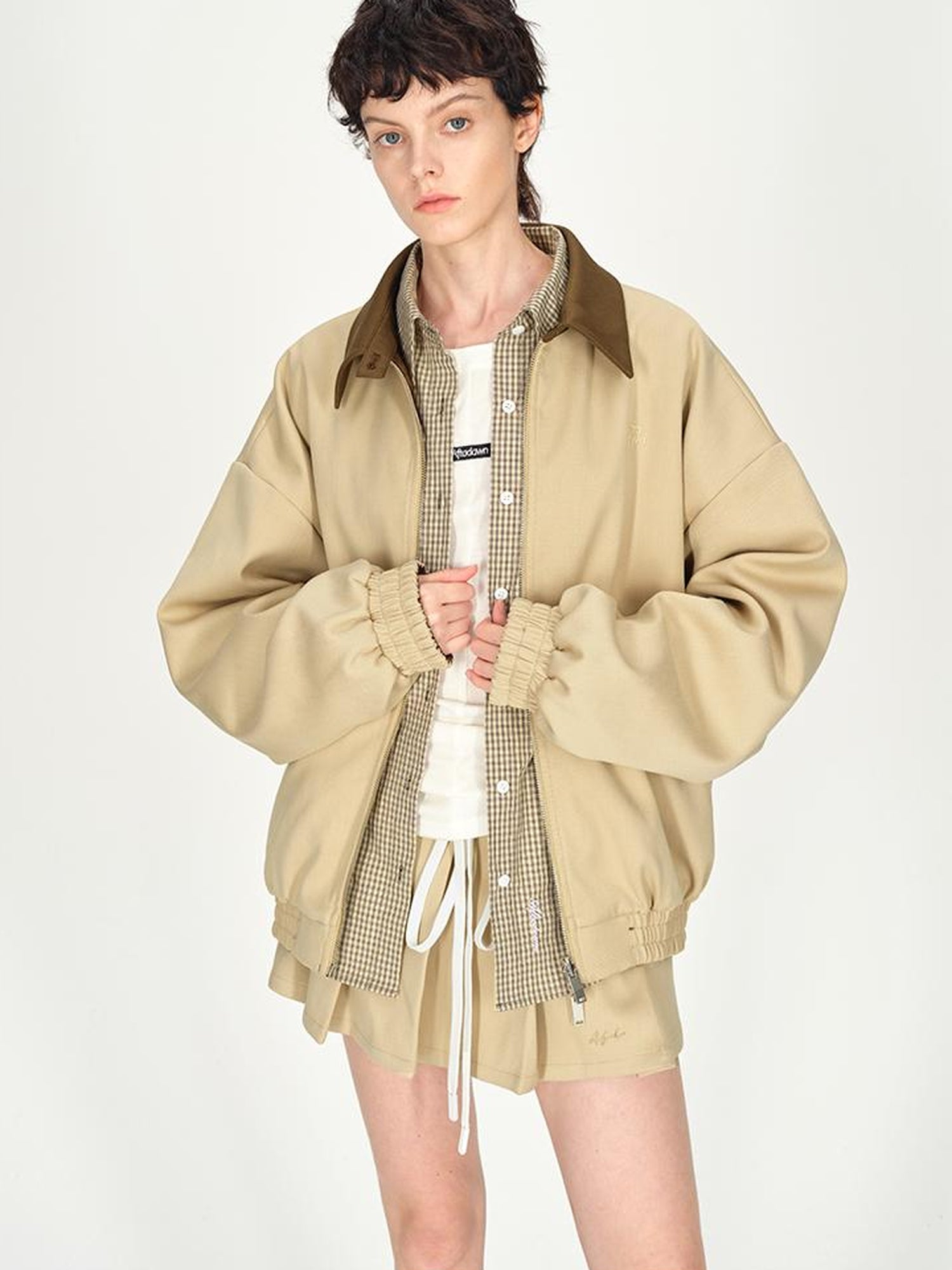 AFTADAWN Two Tone Leather Collar Reversible Plaid Jacket