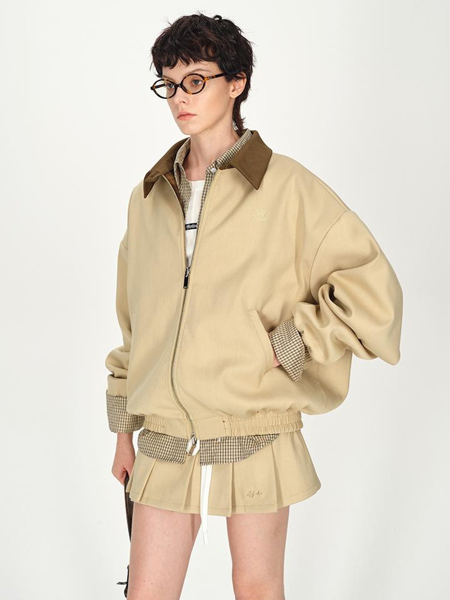 AFTADAWN Two Tone Leather Collar Reversible Plaid Jacket