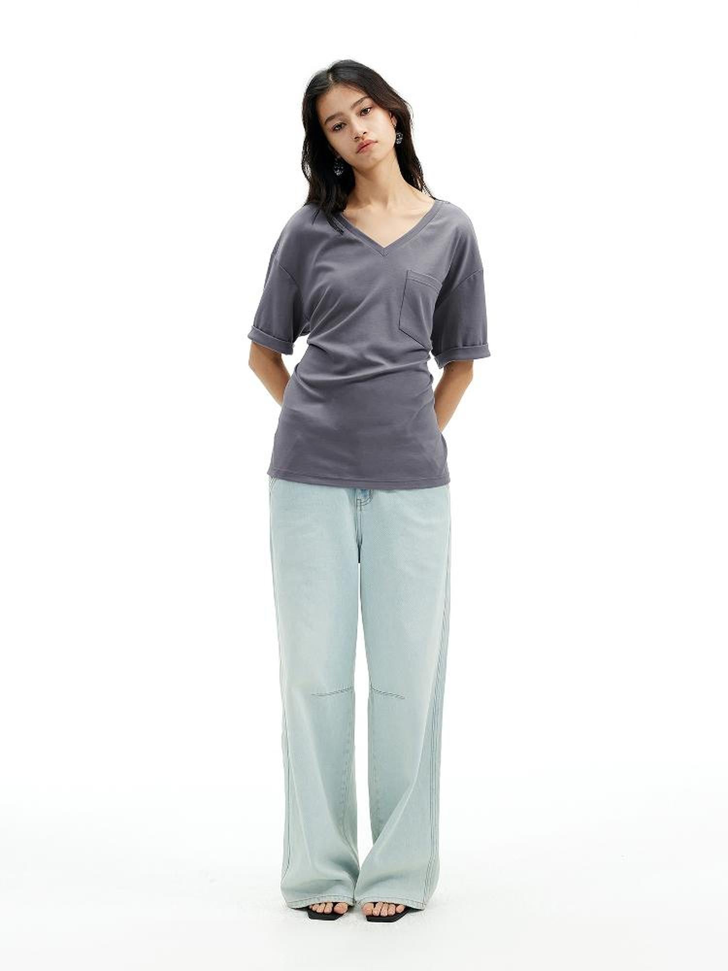 AFTADAWN Two Tone V-Neck Convertible Back Buckle Waist Slim Fit Short Sleeve T-Shirt