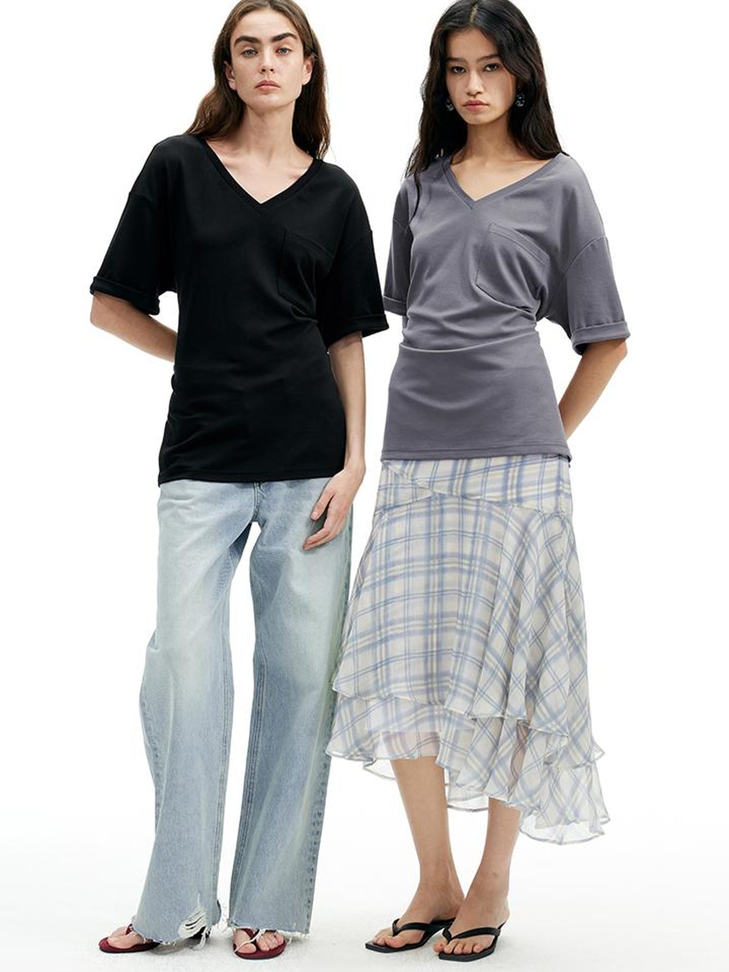 AFTADAWN Two Tone V-Neck Convertible Back Buckle Waist Slim Fit Short Sleeve T-Shirt