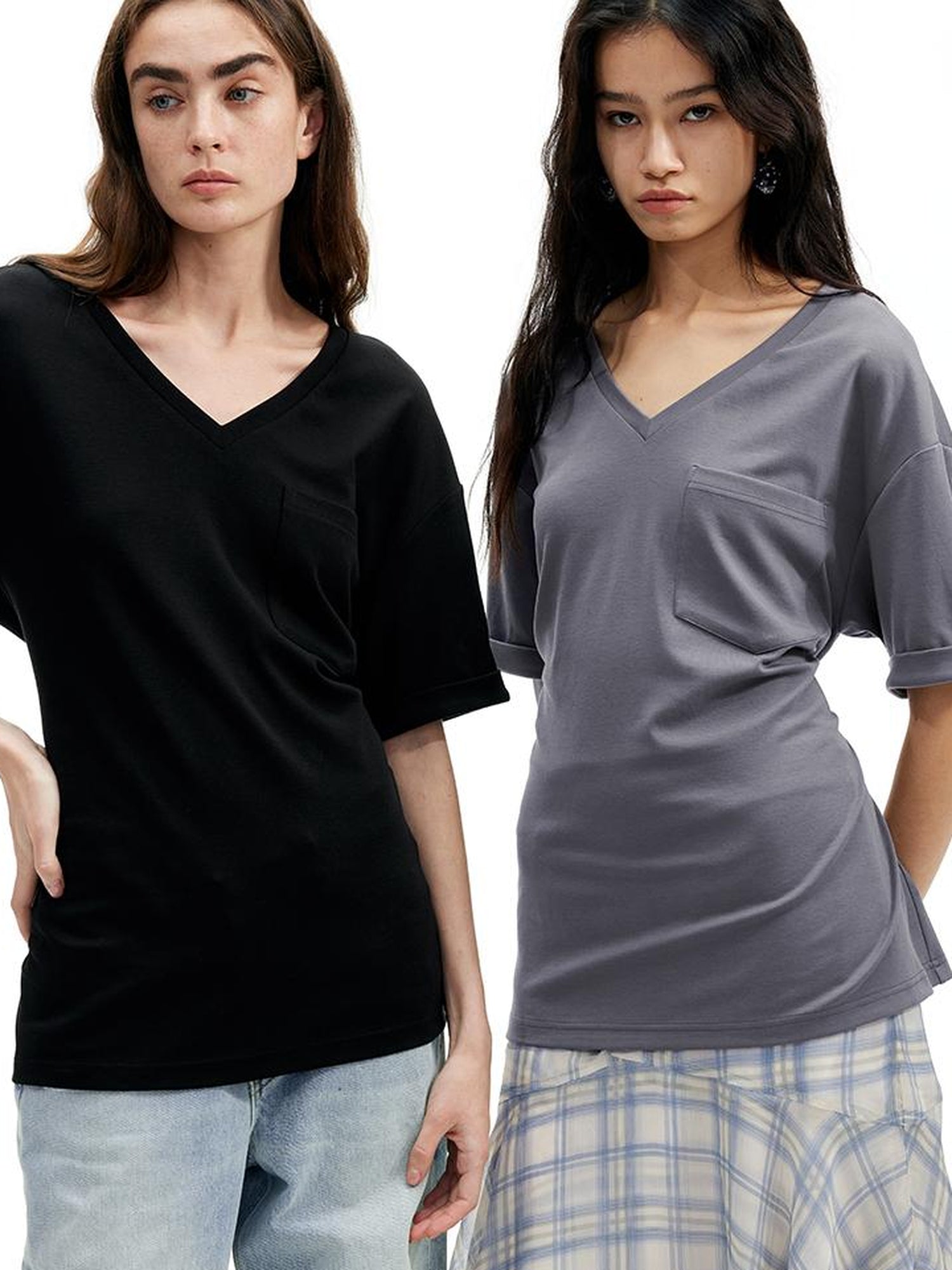 AFTADAWN Two Tone V-Neck Convertible Back Buckle Waist Slim Fit Short Sleeve T-Shirt