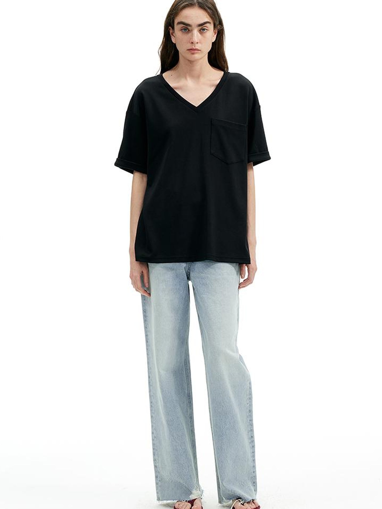 AFTADAWN Two Tone V-Neck Convertible Back Buckle Waist Slim Fit Short Sleeve T-Shirt