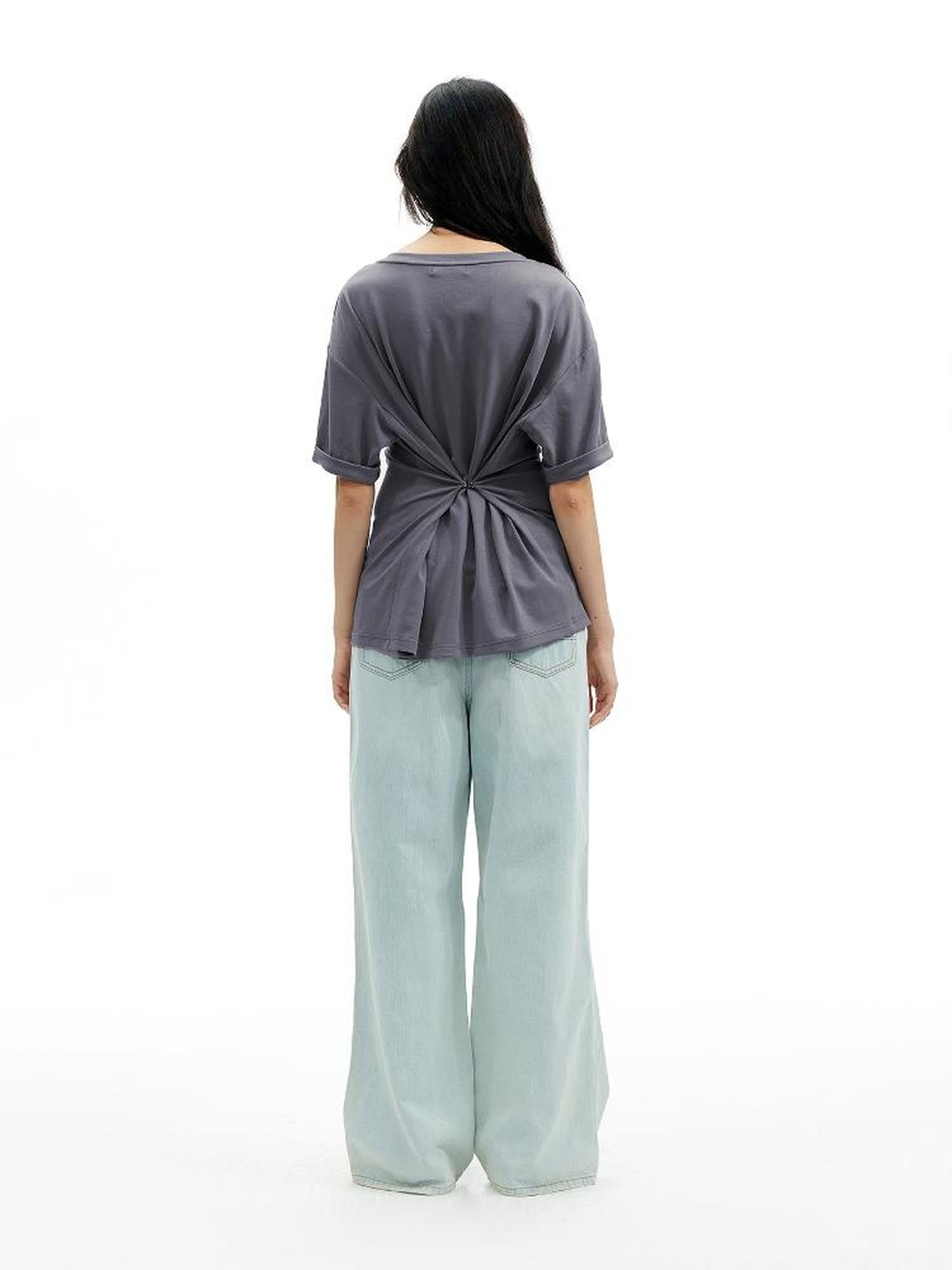 AFTADAWN Two Tone V-Neck Convertible Back Buckle Waist Slim Fit Short Sleeve T-Shirt