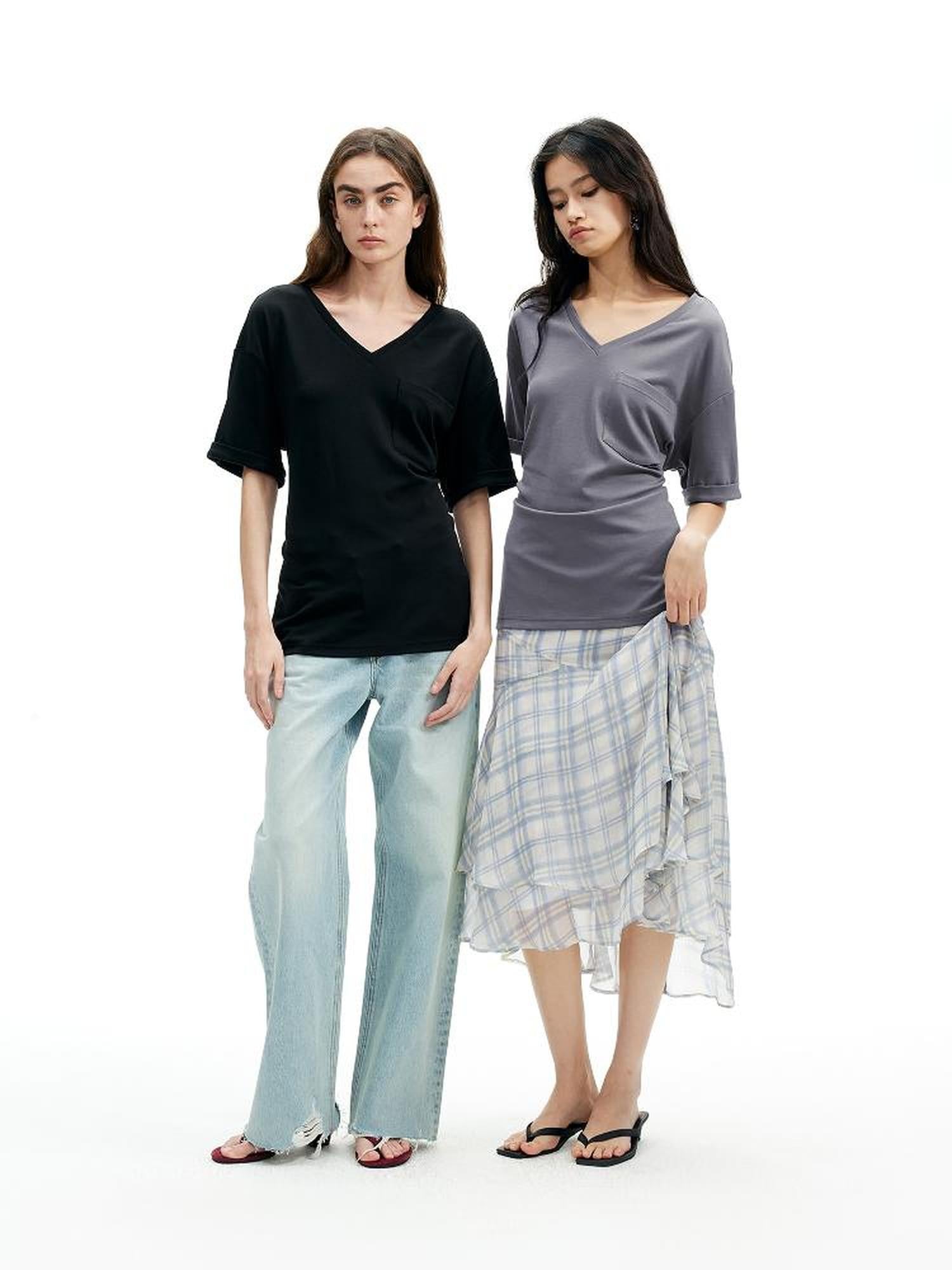 AFTADAWN Two Tone V-Neck Convertible Back Buckle Waist Slim Fit Short Sleeve T-Shirt