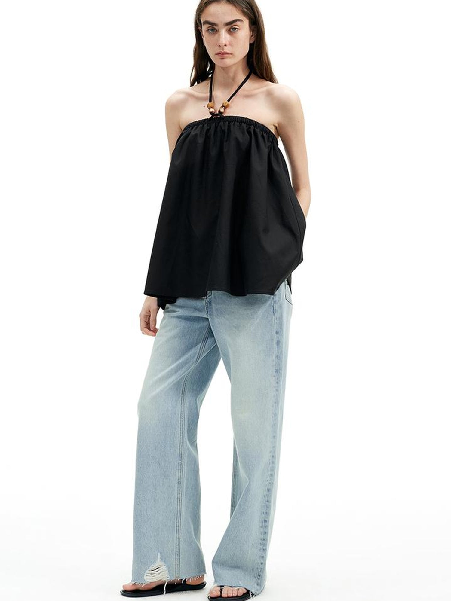 Two Way Beaded Halter Top with Drawstring and Elastic A Line Skirt