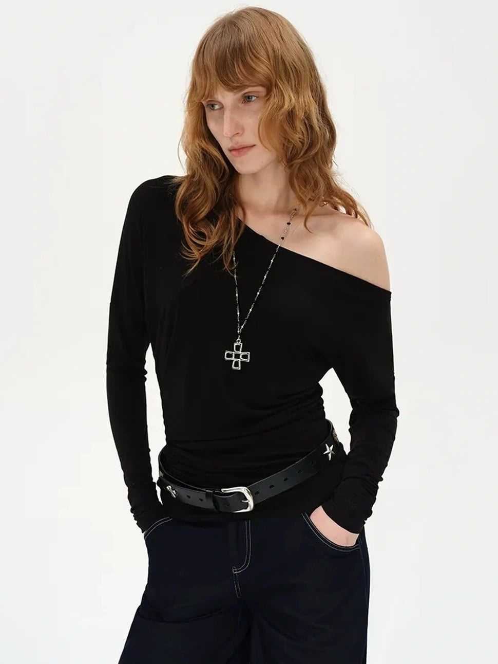 AFTADAWN Two Way Off Shoulder Merino Wool Top T-shirt