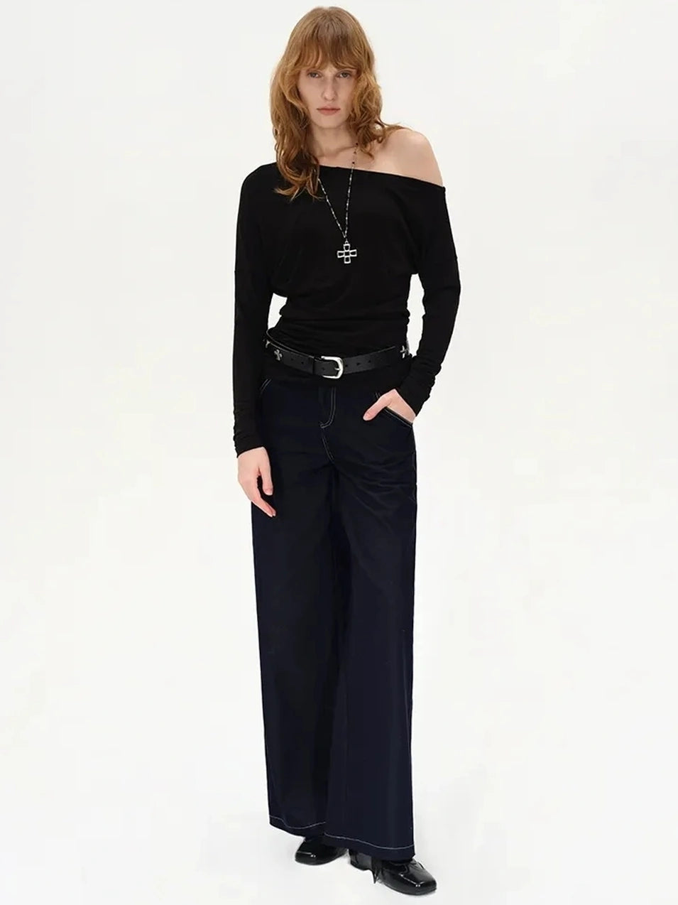 AFTADAWN Two Way Off Shoulder Merino Wool Top T-shirt