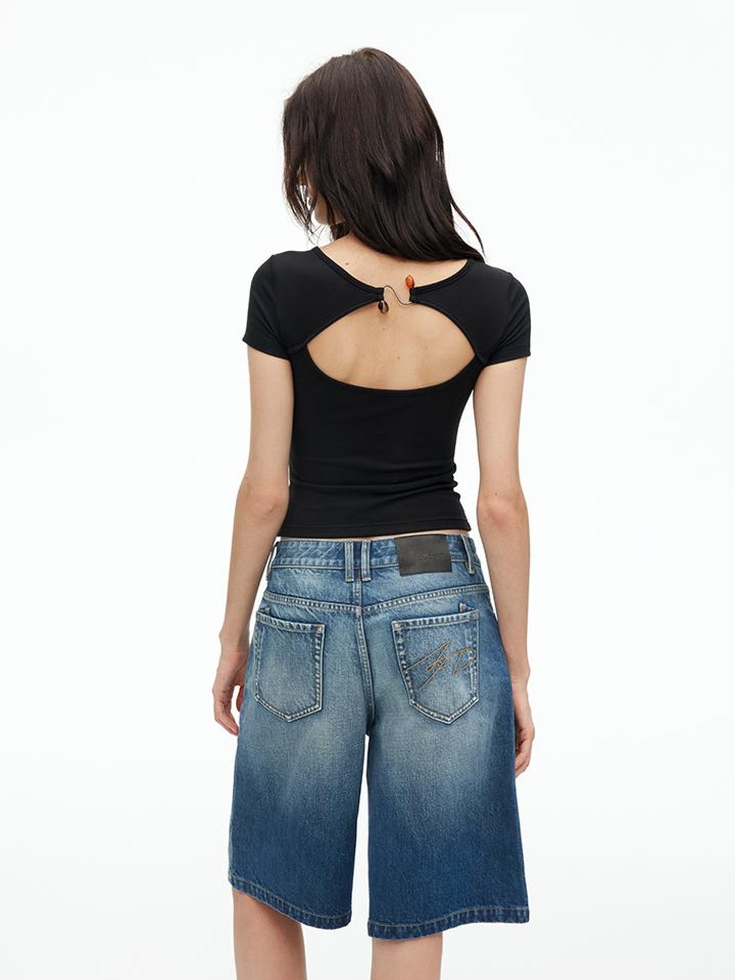 AFTADAWN U Neck Lace Up Back Short Sleeve Top