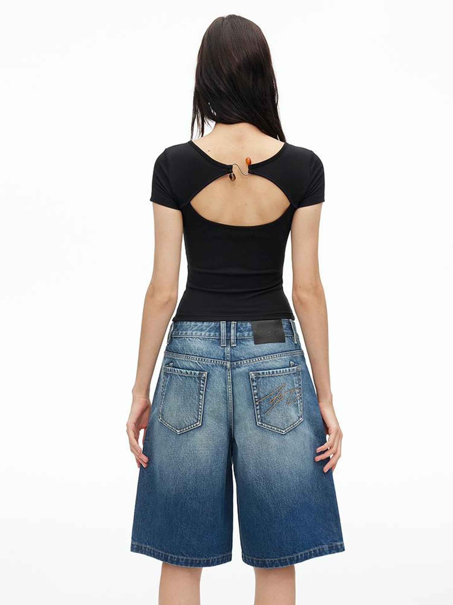 AFTADAWN U Neck Lace Up Back Short Sleeve Top