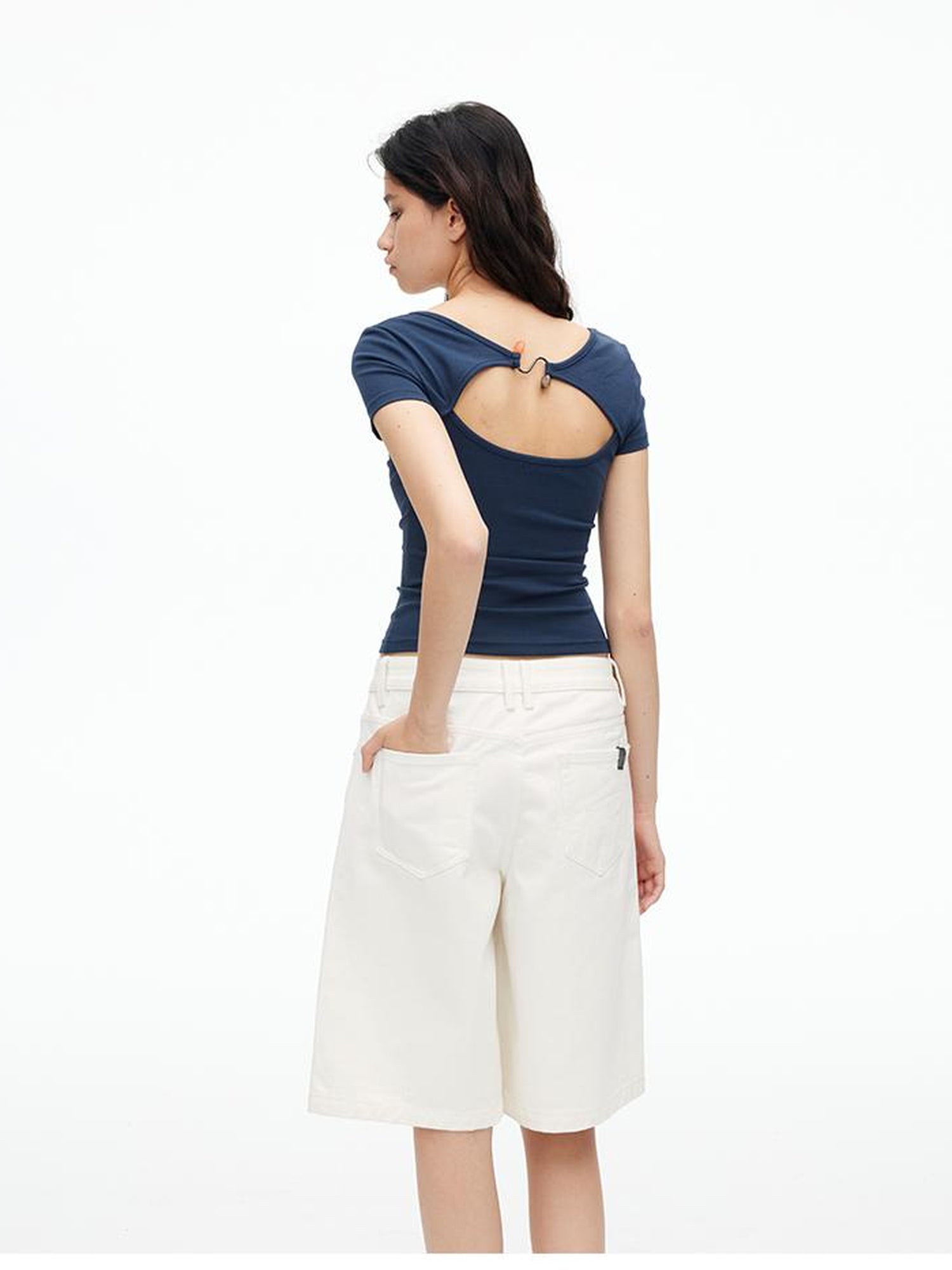 AFTADAWN U Neck Lace Up Back Short Sleeve Top