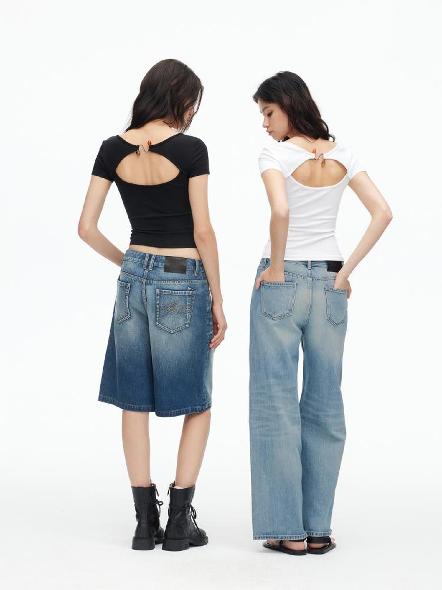 AFTADAWN U Neck Lace Up Back Short Sleeve Top