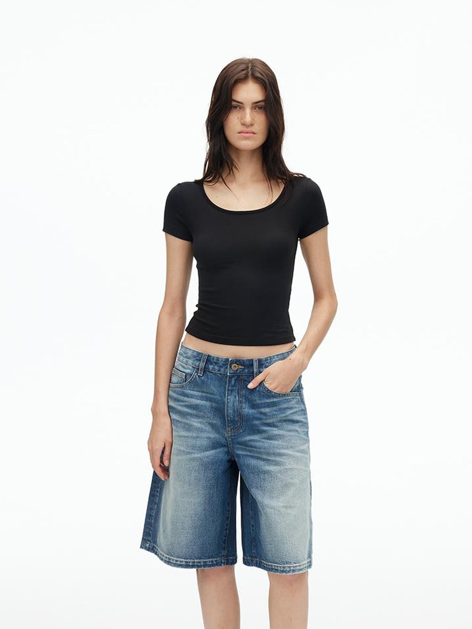 AFTADAWN U Neck Lace Up Back Short Sleeve Top