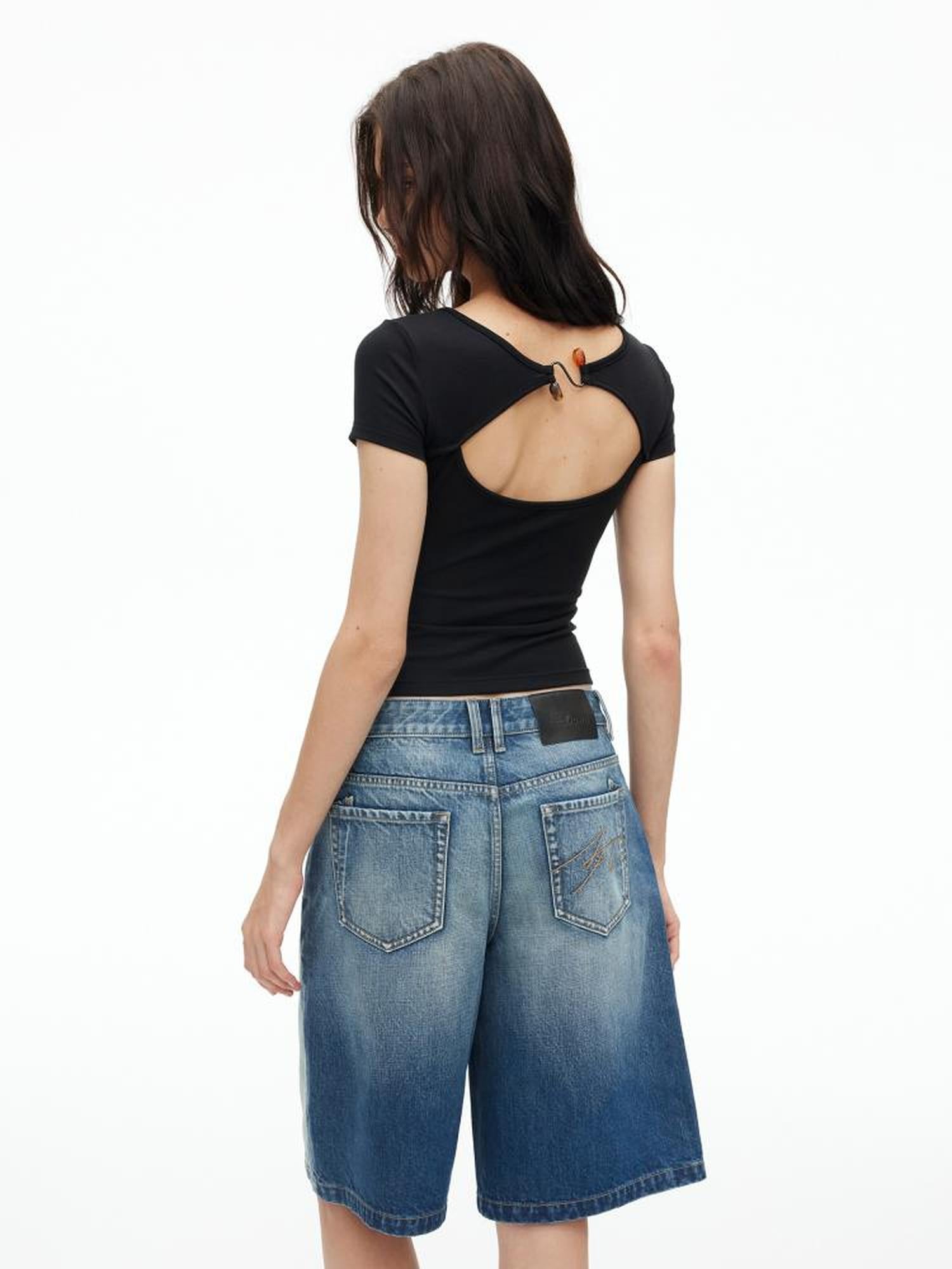 AFTADAWN U Neck Lace Up Back Short Sleeve Top