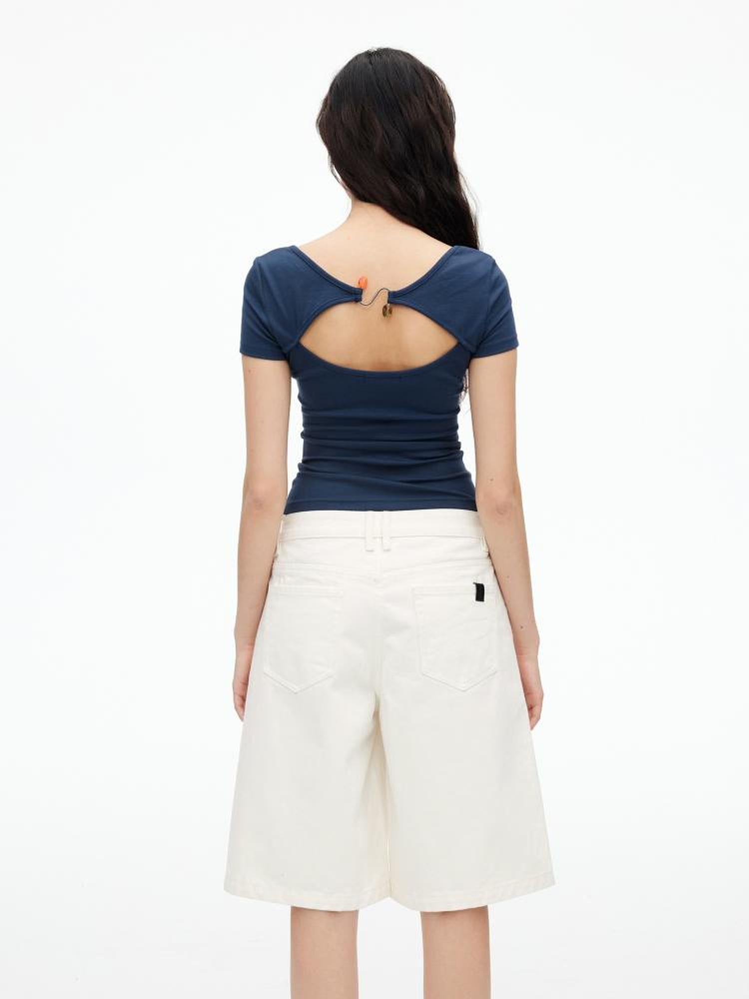AFTADAWN U Neck Lace Up Back Short Sleeve Top