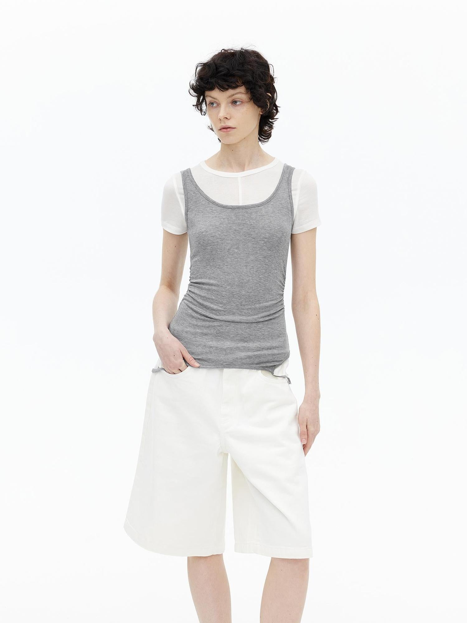 AFTADAWN U Neck Merino Wool Layering Sleeveless Top With Built In Camisole