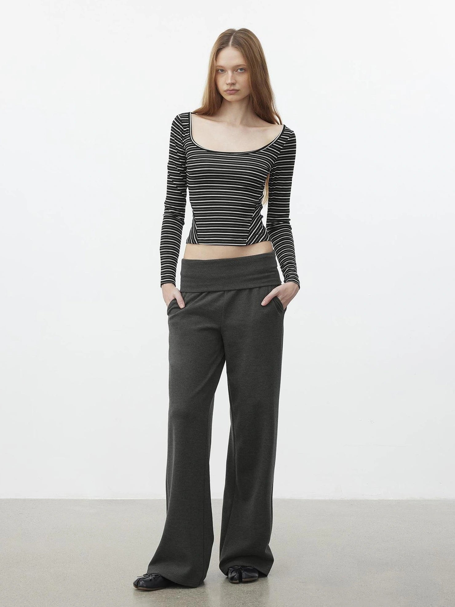 AFTADAWN U Neck Slim Fit Striped Tencel Top T-shirt