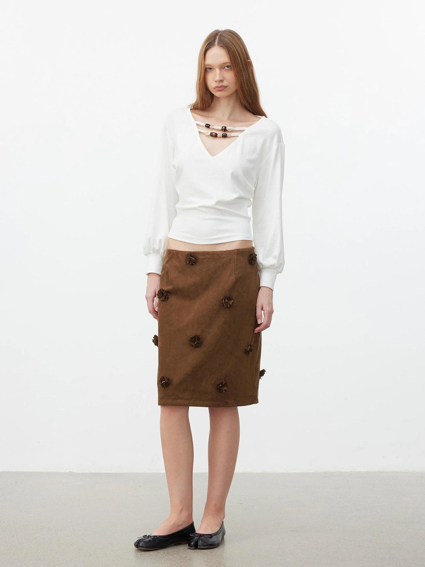 AFTADAWN V-Neck Beaded Lantern Sleeve Crop Top T-shirt