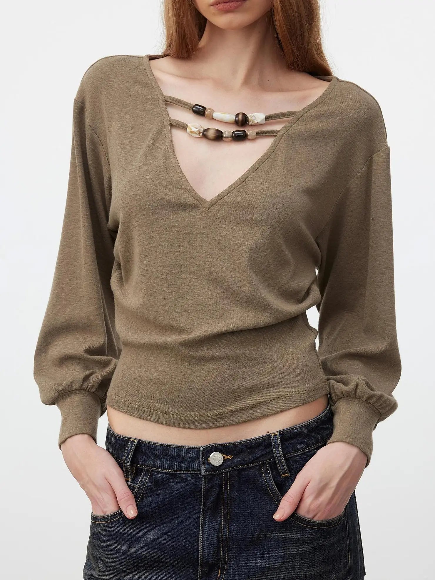 AFTADAWN V-Neck Beaded Lantern Sleeve Crop Top T-shirt