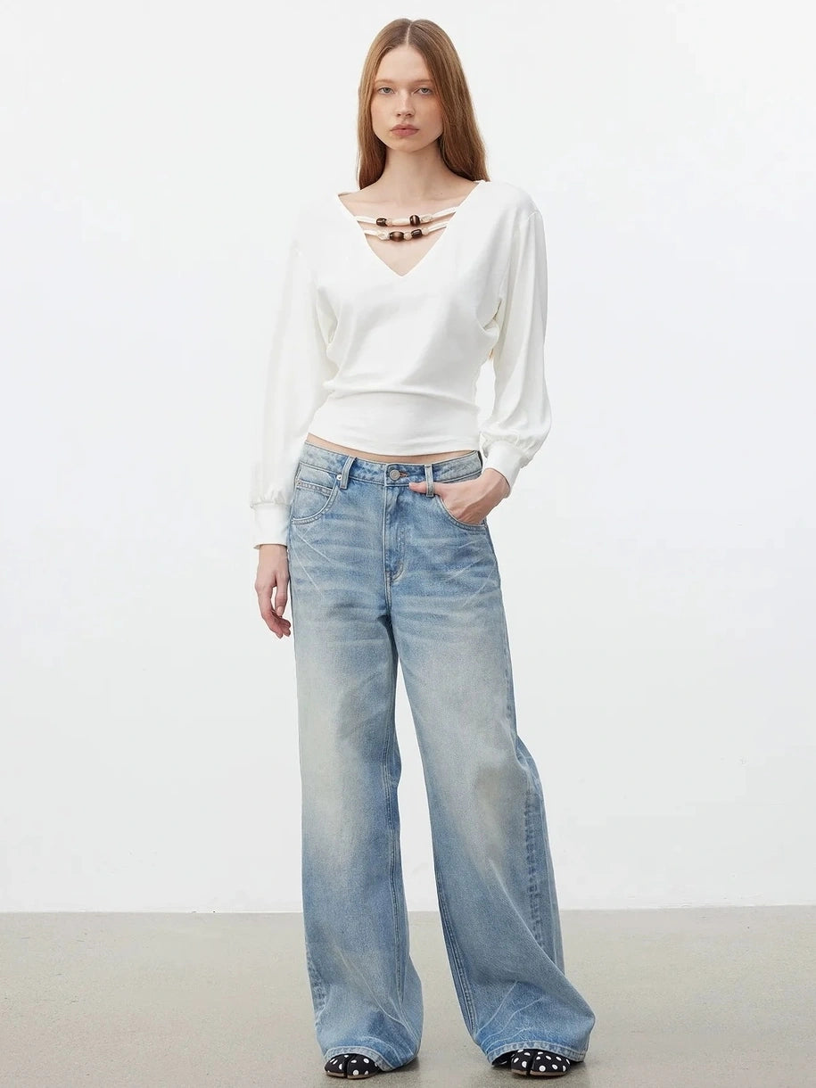 AFTADAWN V-Neck Beaded Lantern Sleeve Crop Top T-shirt