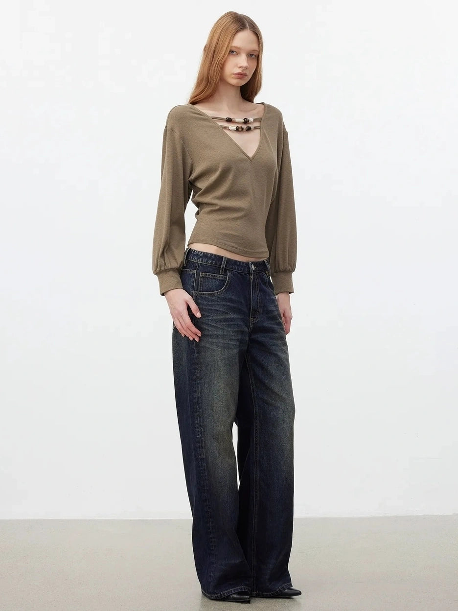 AFTADAWN V-Neck Beaded Lantern Sleeve Crop Top T-shirt