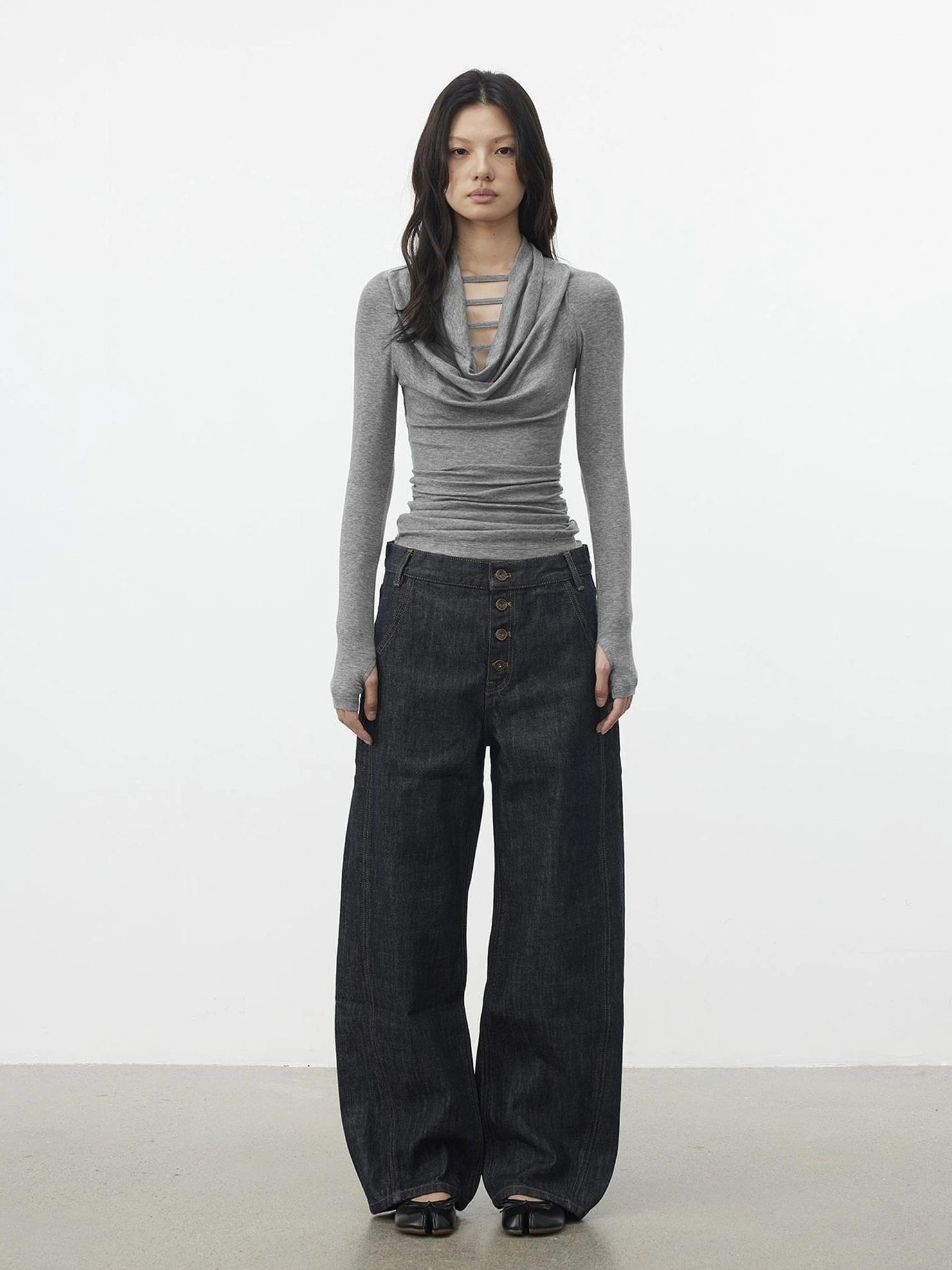 AFTADAWN V-Neck Hollow-Out Slim Fit Long Sleeve Top T-shirt